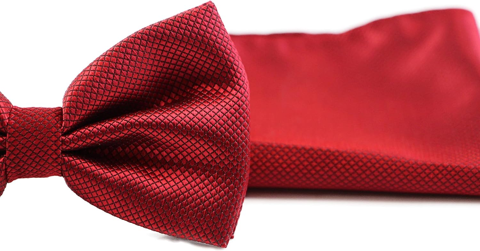 Mens Dark Red Plain Coloured Checkered Bow Tie & Matching Pocket Square Set image number 1