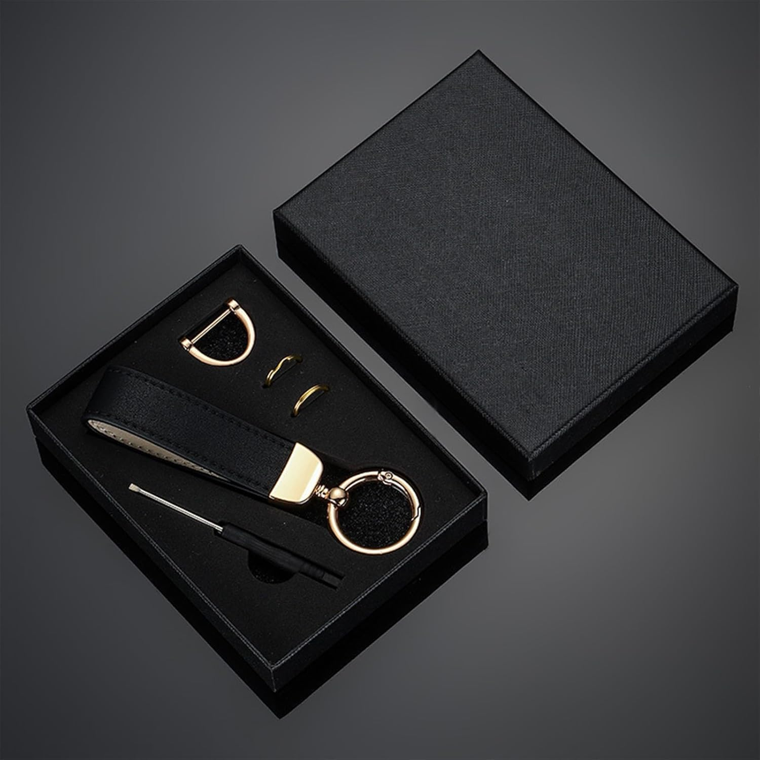 2 Key Ring and 1 Mini Screwdriver，360 Degree Rotatable Leather with Anti-Lost D-Ring，Universal Car Accessories (Black) image number 1