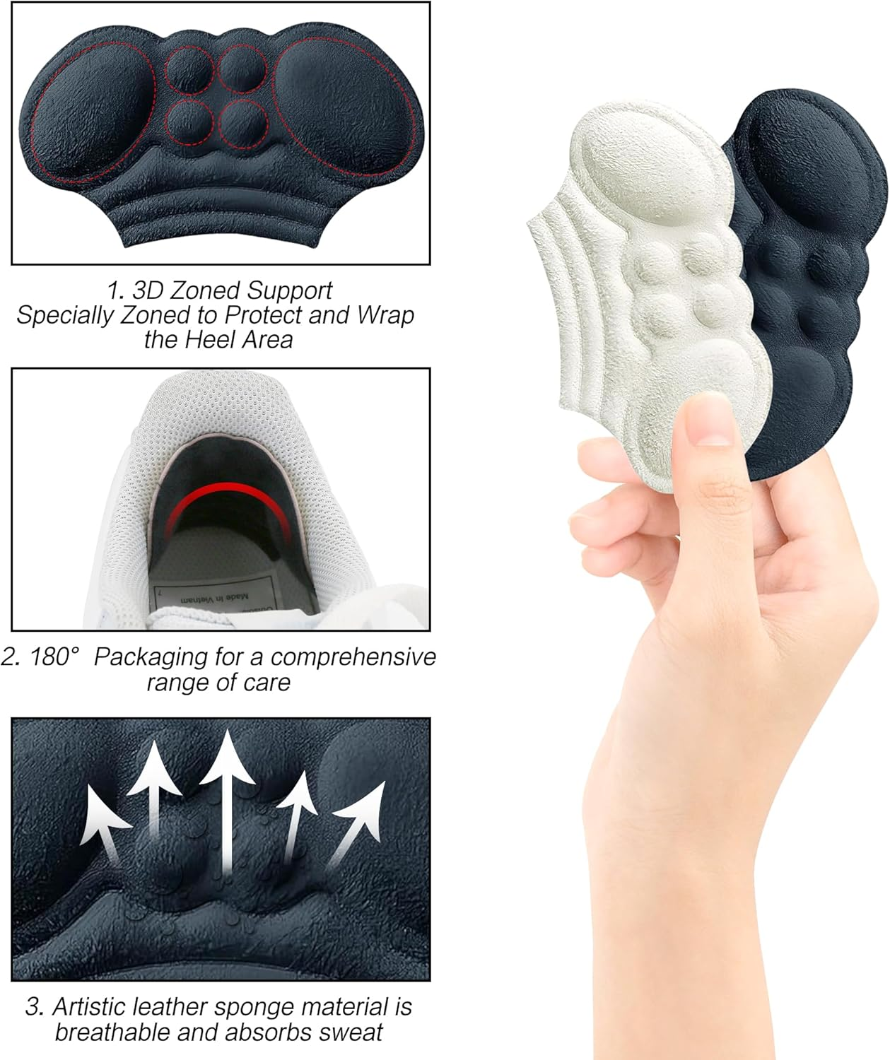 YBVABE Heel Grips for Shoes Too Big - 6 Pieces Heel Cushion Inserts for Loose Shoes, 5D Heel Pads/Protectors/Shoe Filler for Tighter Fit for Men and Women image number 3