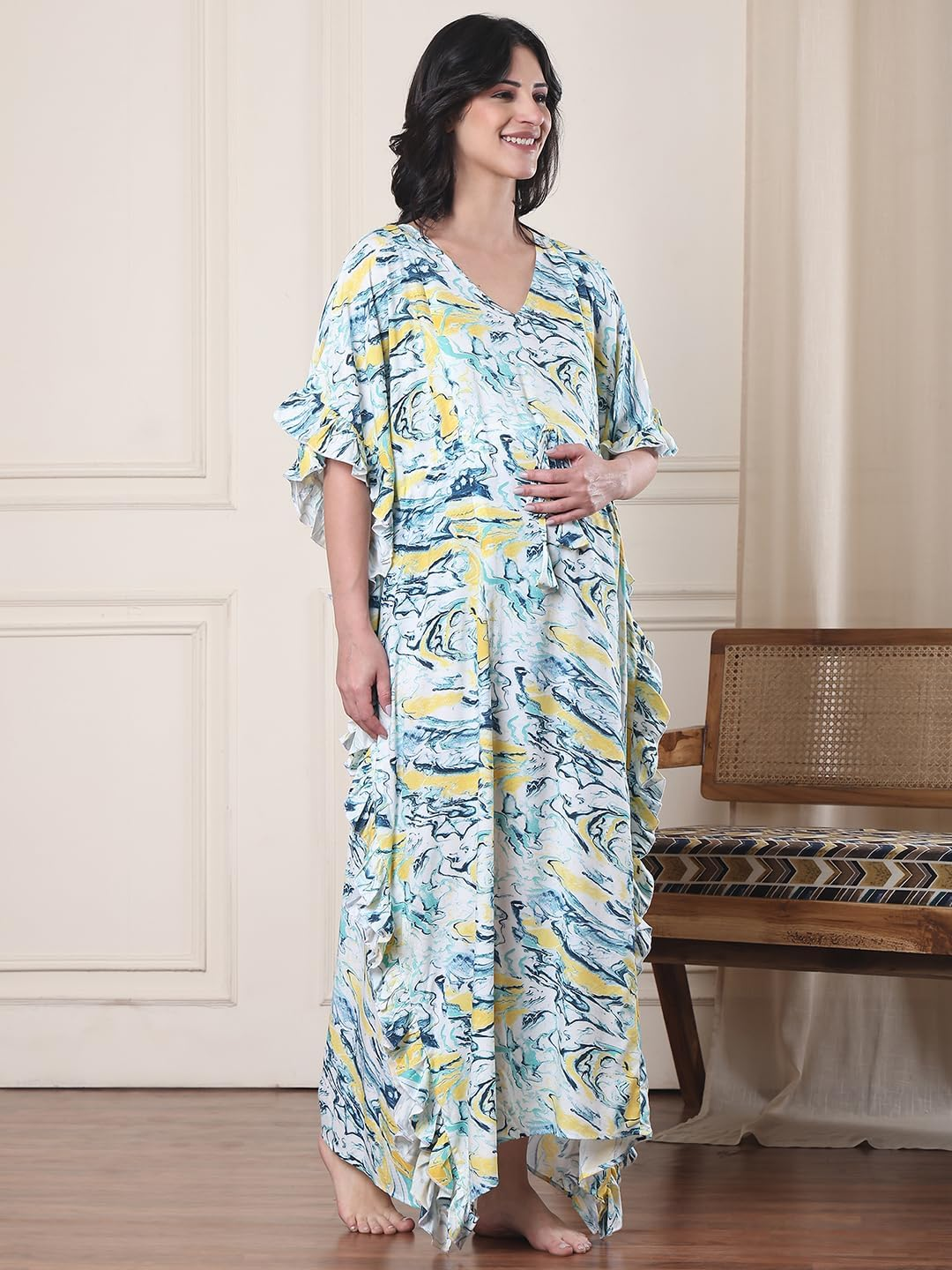 Secret Wish Blue Marble Rayon Maternity Kaftan/Maxi Nighty/Free Size/Feeding/Nursing/Zipper/Drawstring