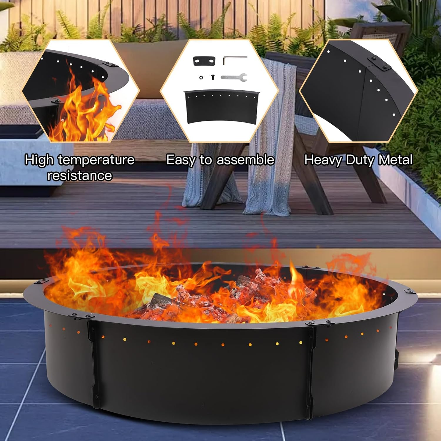 40 Inch Fire Pit Ring,Large round Insert Firepit for Outdoor Fire Liner Wood Burning Heavy Duty Metal Campfire Ring above or In-Ground, Black 40-Inch Outer/36-Inch Inner Diameter image number 3