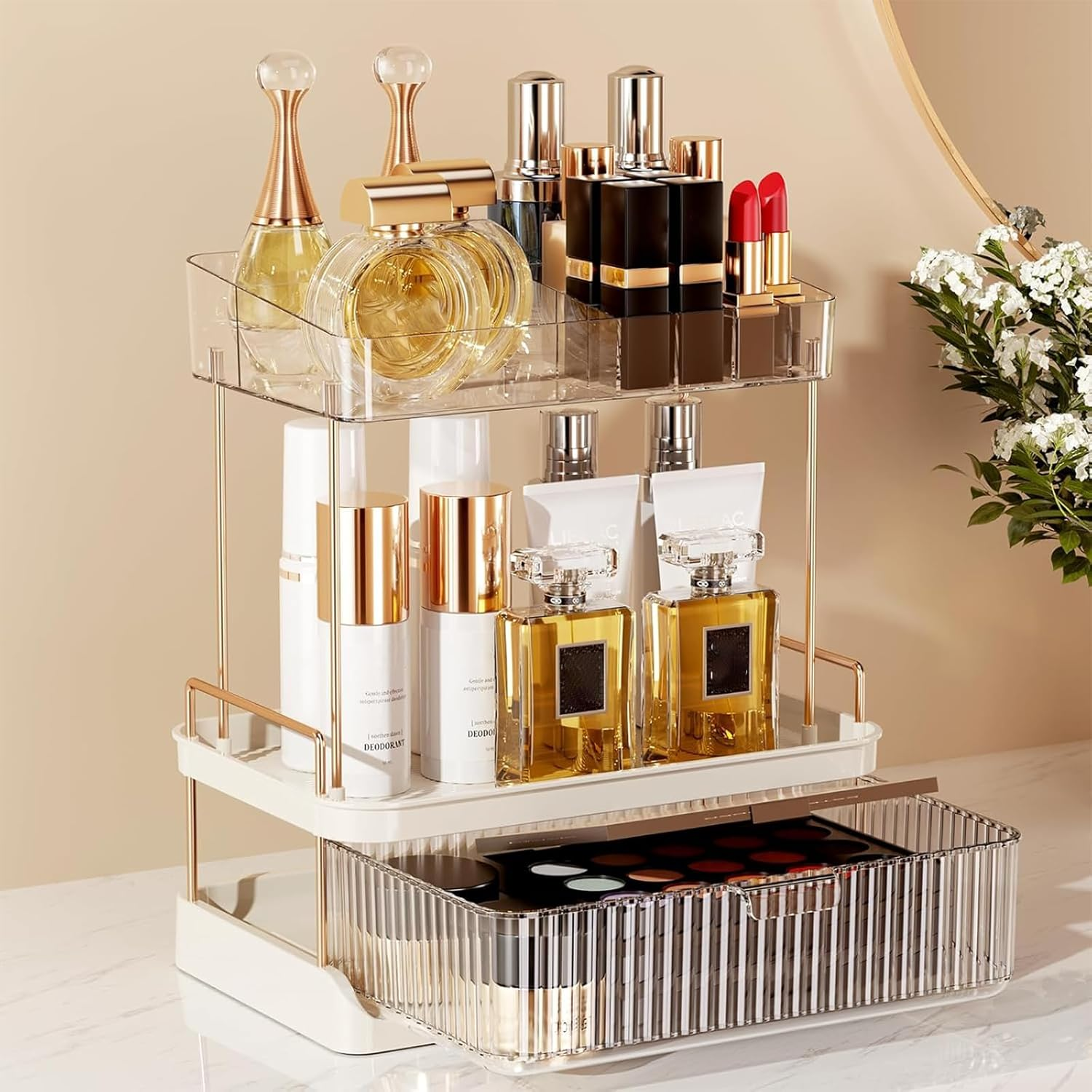 2-Tier Bathroom Counter Organizer with Large Drawer and Compartments, Clear Skincare and Makeup Organizer for Countertop, Multi-Purpose Cosmetic Storage Box image number 1