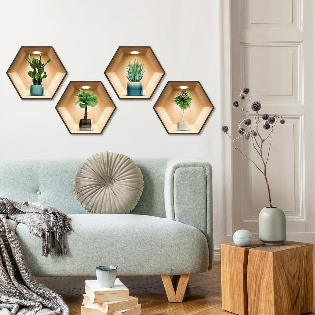 Imagitek 4 Pack 3D Green Plant Wall Decals 3D Cactus Wall Stickers for Living Room Bedroom Kitchen Decor image number 5