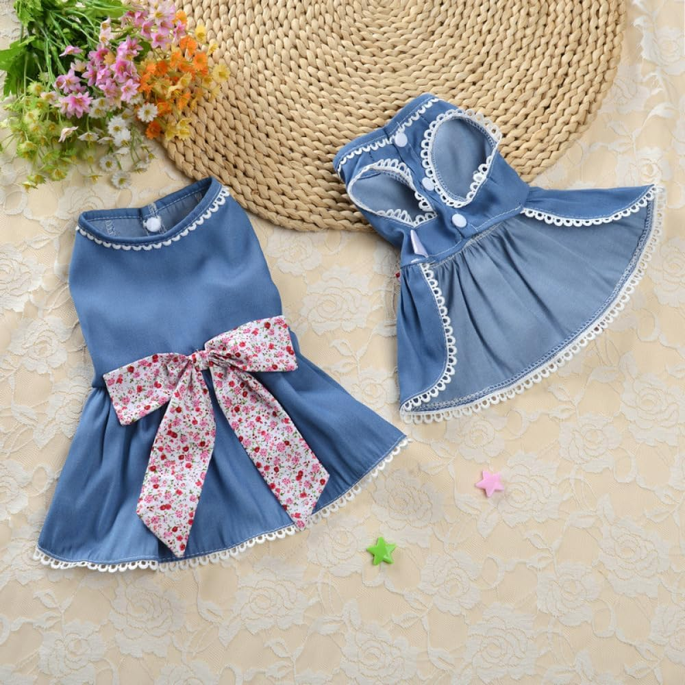 Summer Puppy Skirt Shirt Pet Bow Denim Skirt Lace Edge Skirt Small Medium Dogs Floral Denim Skirt Small Pet Vests Sundress for Small Medium Dogs Cats for Small Medium Dogs Cats image number 4