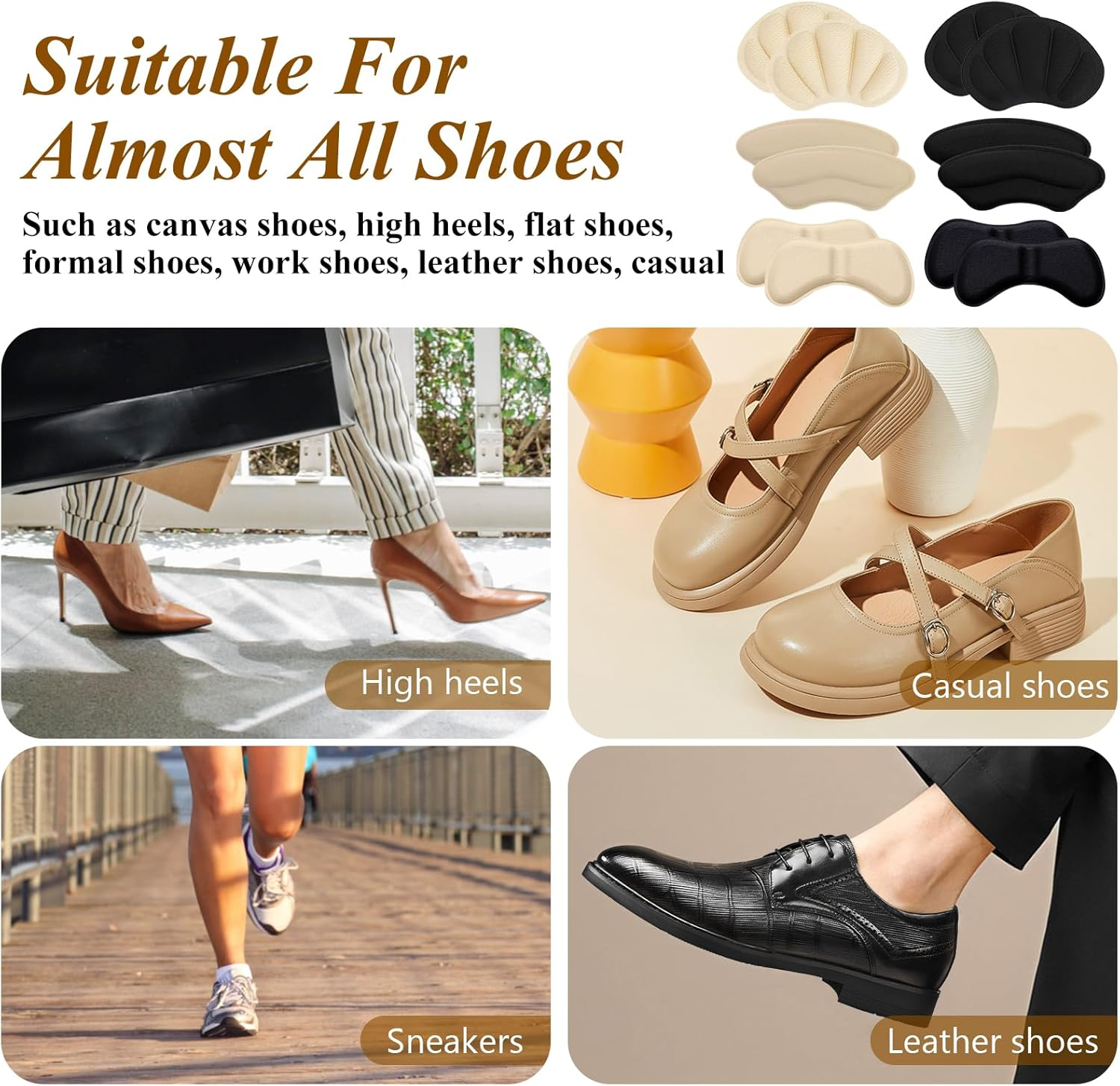 Essencenest Heel Cushion Pads, Leather Grips Inserts for Shoes Too Big, Adhesive Pads for Men/Women, Anti-Slip Heel Liners to Relieve Blisters & Pain in Loose Shoes (6 Pair)