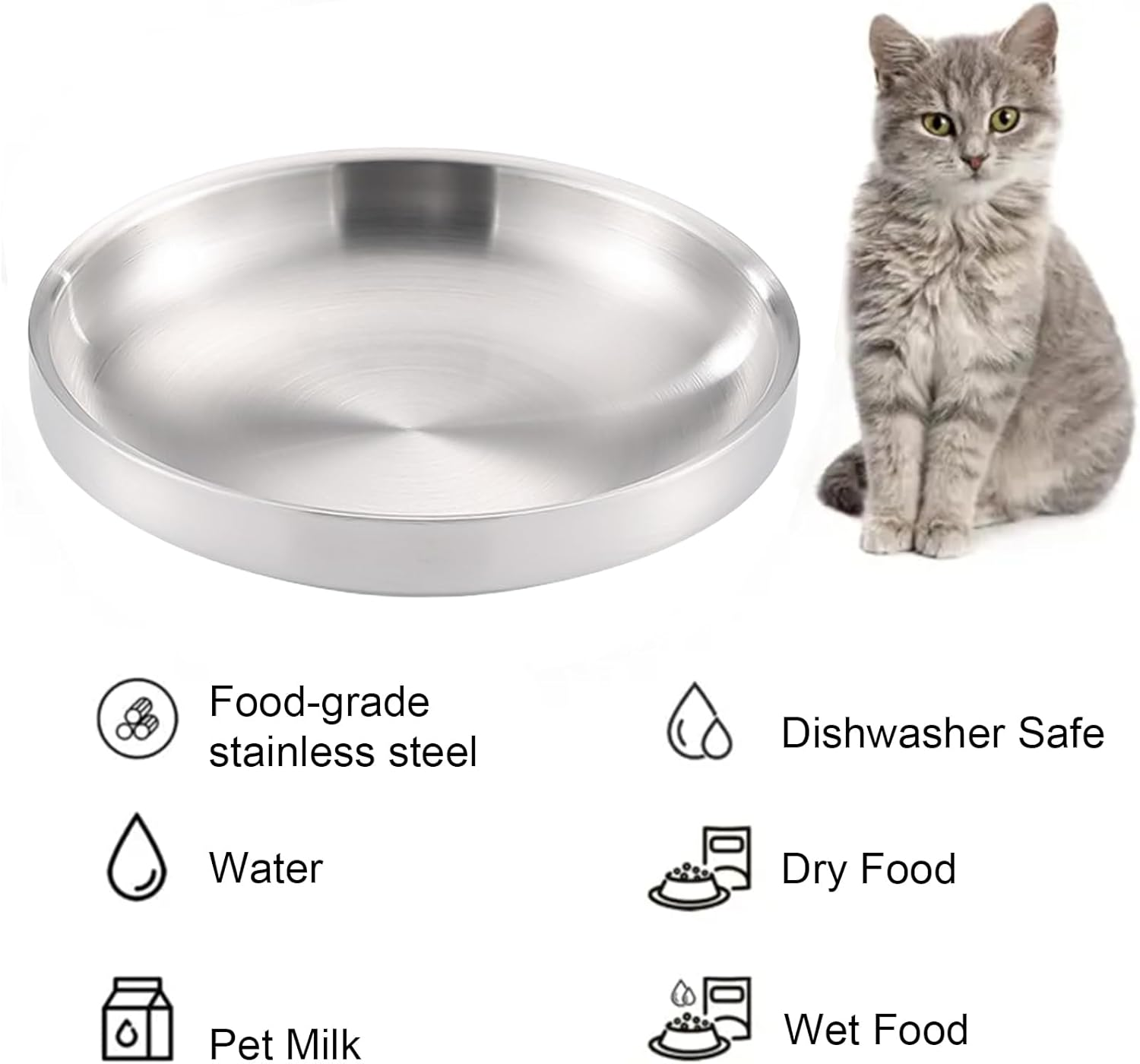 HOMURY Pack of 2 Cat Bowls Stainless Steel Cat Bowls Flat Cat Bowls Metal 304 Feeding Bowl Cat Water Bowl Cat Drop-Proof and Easy to Clean Cat Bowl for Small, Medium Dogs Cats image number 5