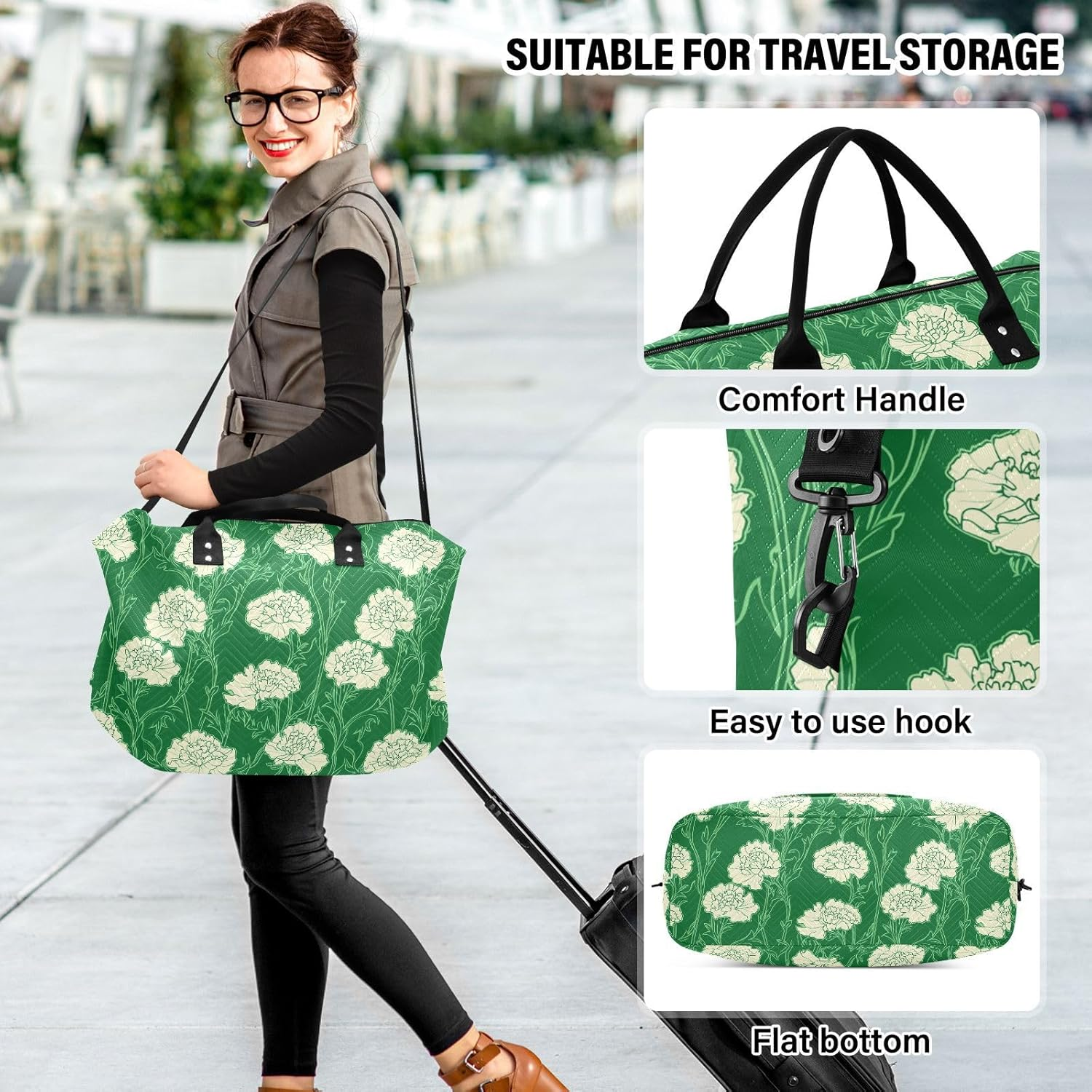 Overnight Travel Duffel Bag Travel Weekender Gear Bag Gym Carry on Duffel Bags with Adjustable Strap for Business Trips Waterproof, Carnation Lace Grass Green image number 3