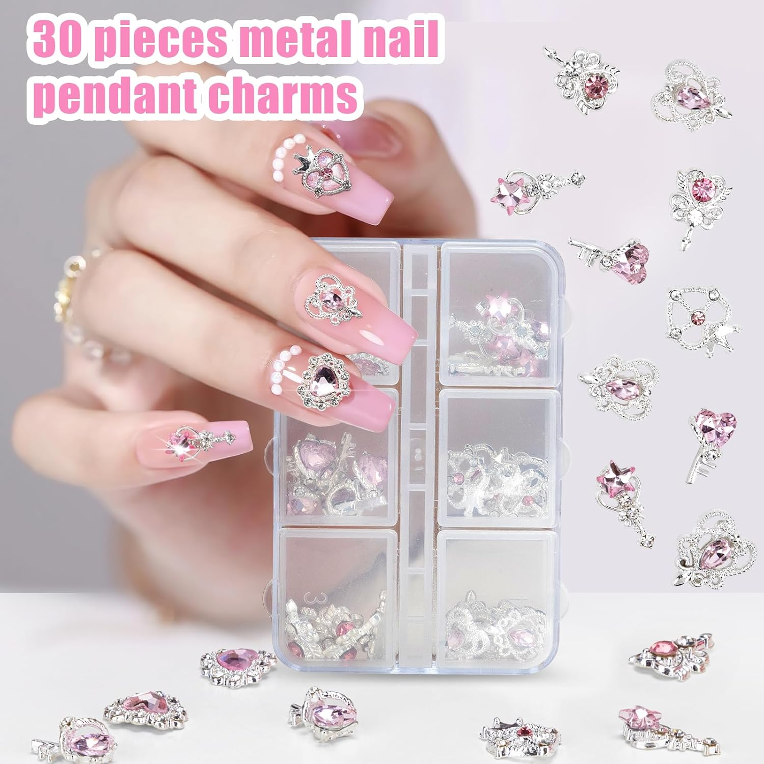 Nail Charms for Acrylic Nails - Madenia 30PCS Y2K 3D Silver Nail Charms and Gems for Nail Art, Hearts Nail Rhinestones Accessories Suitable for Manicure DIY Nail Art Decorations, Silver & Pink image number 4