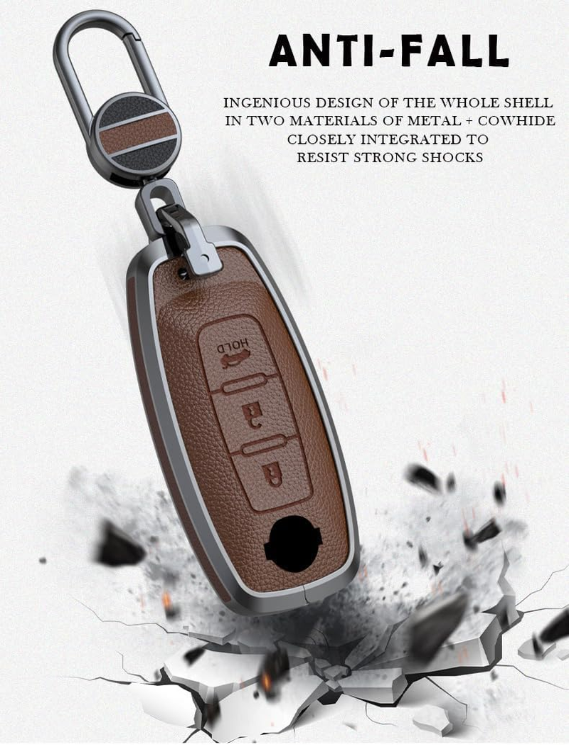 Key Fob Cover Case Metal Key Shell Full Protection Fit for Nissan Ariya Kicks X-Trail Rogue Leather Key Cover 3 Button, a Leather-Keychain-White image number 6