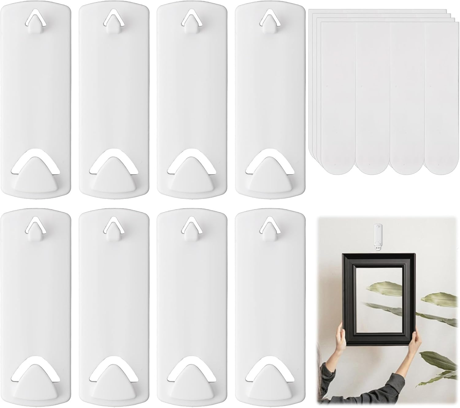 32 Pcs Picture Hangers for Sawtooth and Wire Frame, 8 Picture Hangers & 16 Large Removable Adhesive Strips, Strong Self-Adhesive Picture Hooks No Nails Kits for Large Frame Walls Doors Closets image number 3