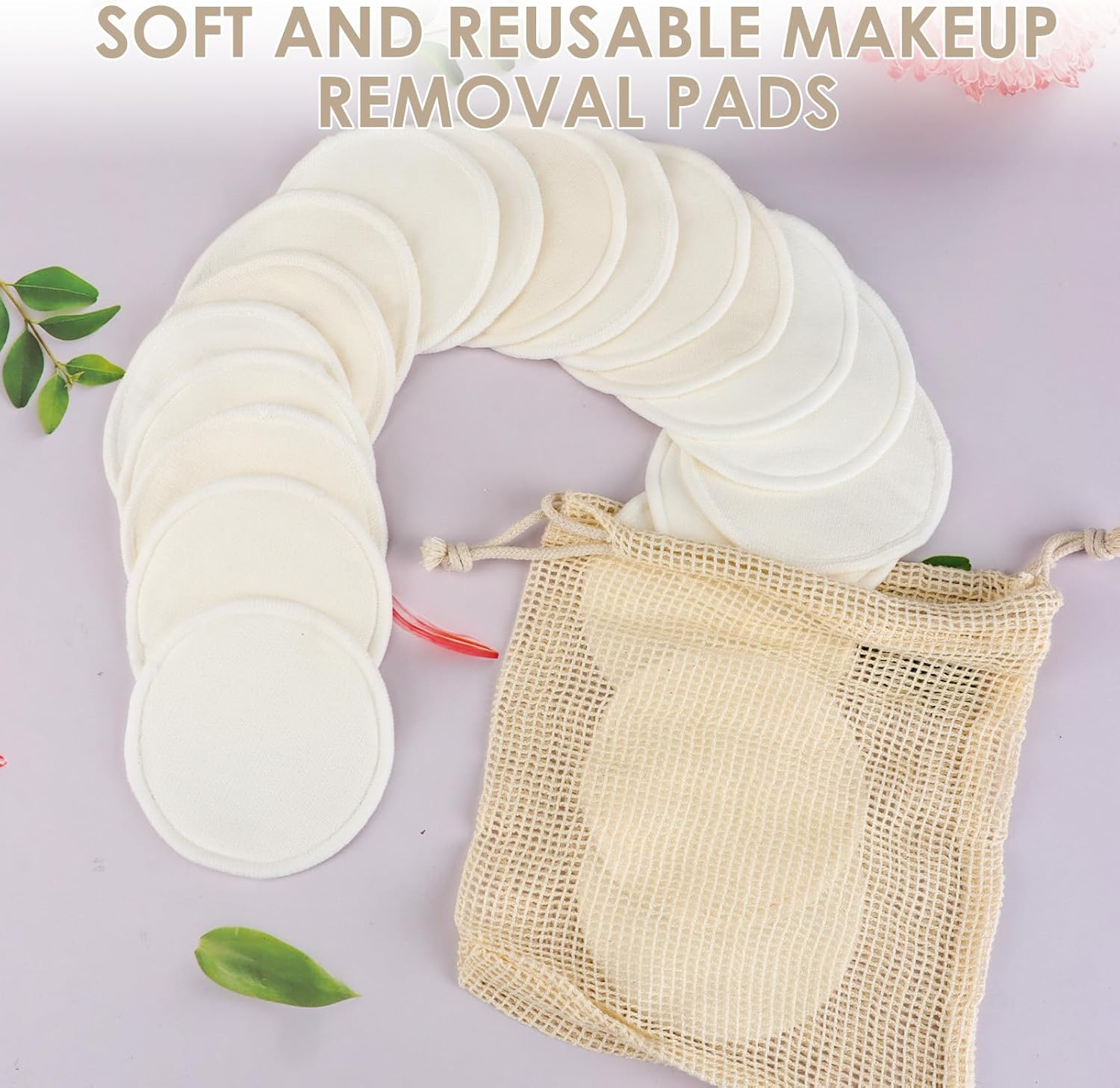 20 Pack Reusable Makeup Remover Pads, Bamboo Facial Rounds Ultra-Soft for All Skin Types, Gentle Exfoliating & Cleansing Bamboo Cotton Rounds with 2 Mesh Wash Bags, Eco-Friendly image number 2