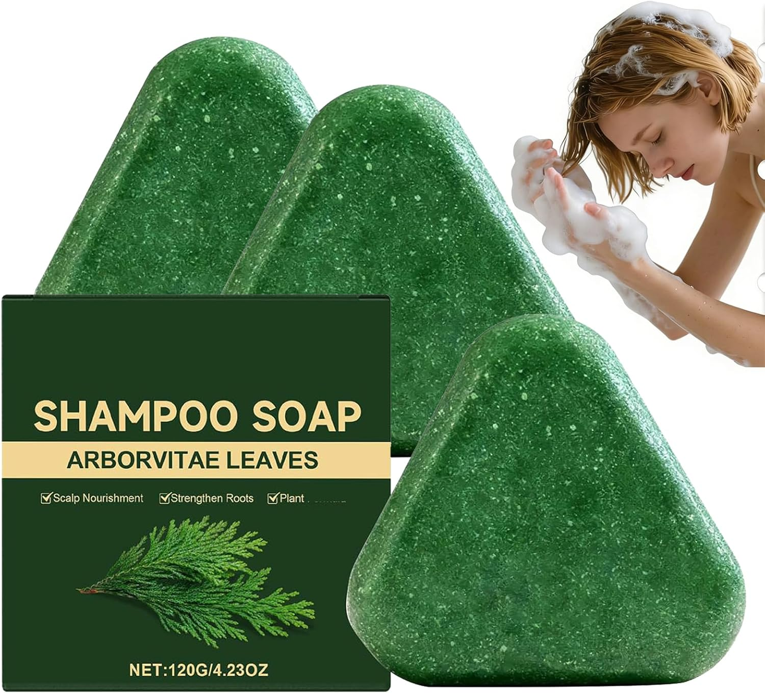 Nature Triangle Shampoo Bar, Plant-Based Solid Shampoo Bar, Control Oiliness, Eliminate Dandruff, Cleansing Soap with Arborvitae Leaves, Shampoo Bars for Thinning Hair Cleansing & Nourishing (1Pcs)