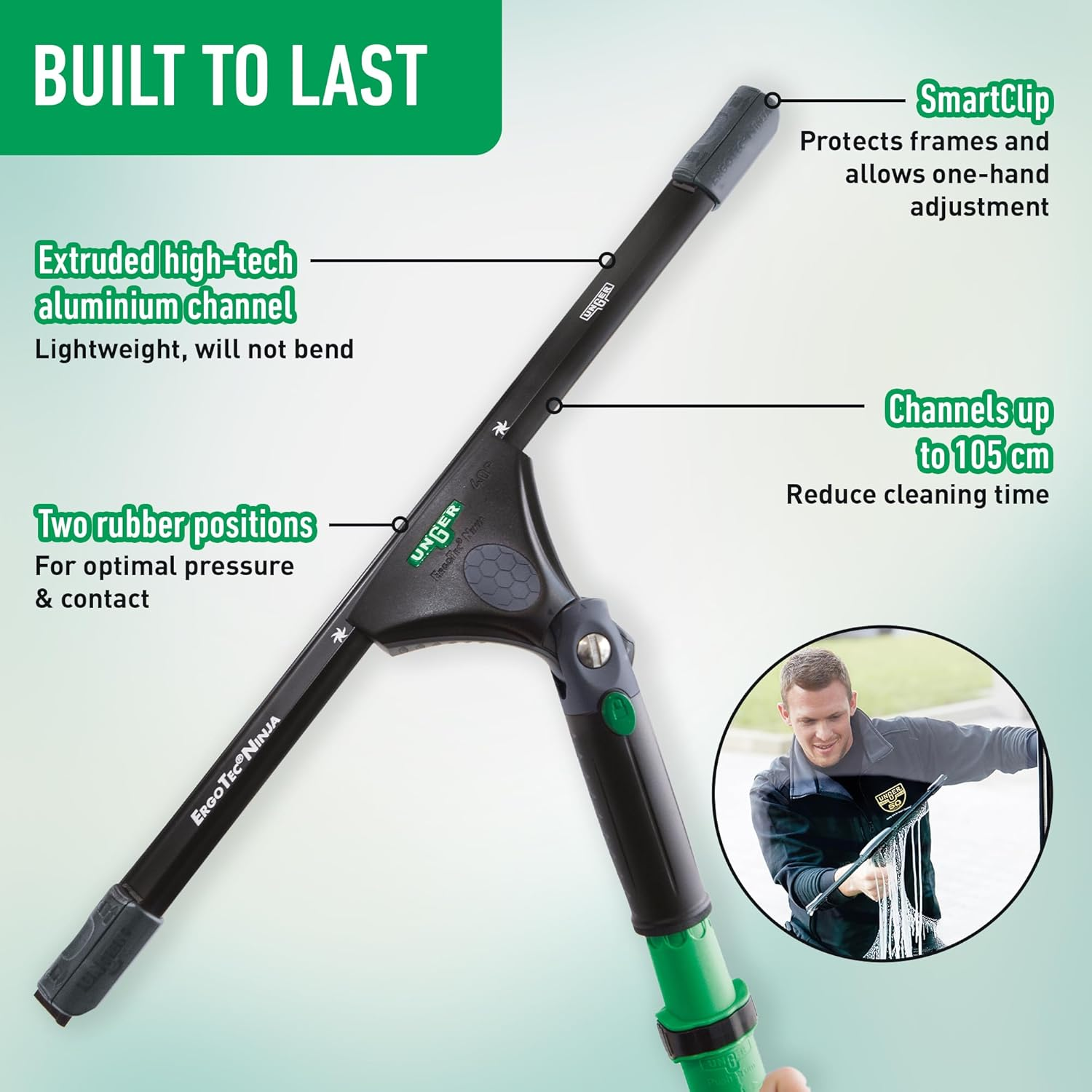 UNGER Ergotec Ninja Window Wiper 40&deg; (Width 45 Cm, Ergonomic Handle, with Soft Rubber, Two Rubber Positions, Window Squeegee with Swivel Function) EN450 image number 5