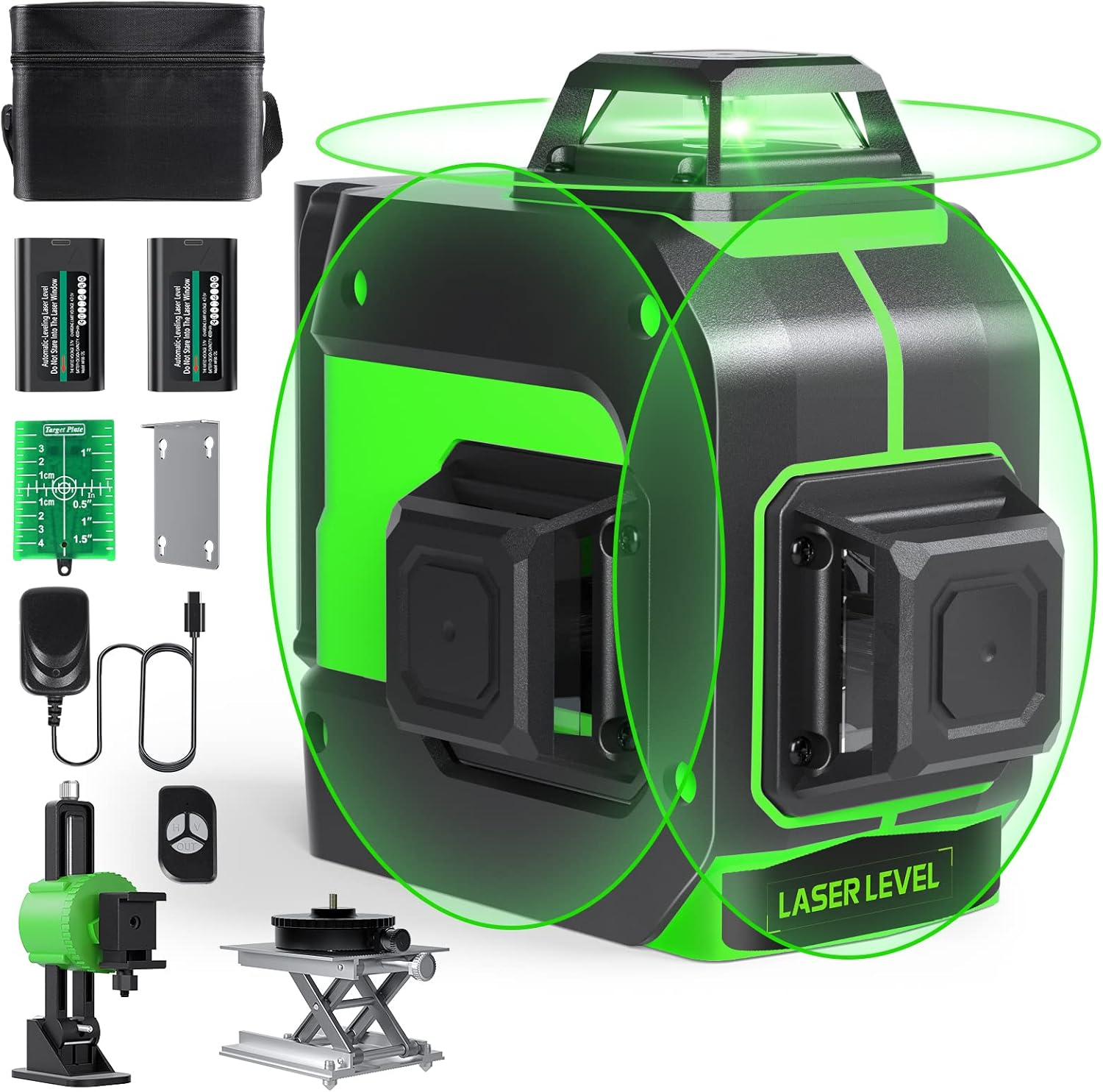 Cross Line Laser 3 X 360&deg;, Cross Line Laser Green Self-Levelling Laser Spirit Level 12 Line Lasers with 2 X 4000 Mah Rechargeable Batteries and Remote Control for Indoor Construction Site image number 3