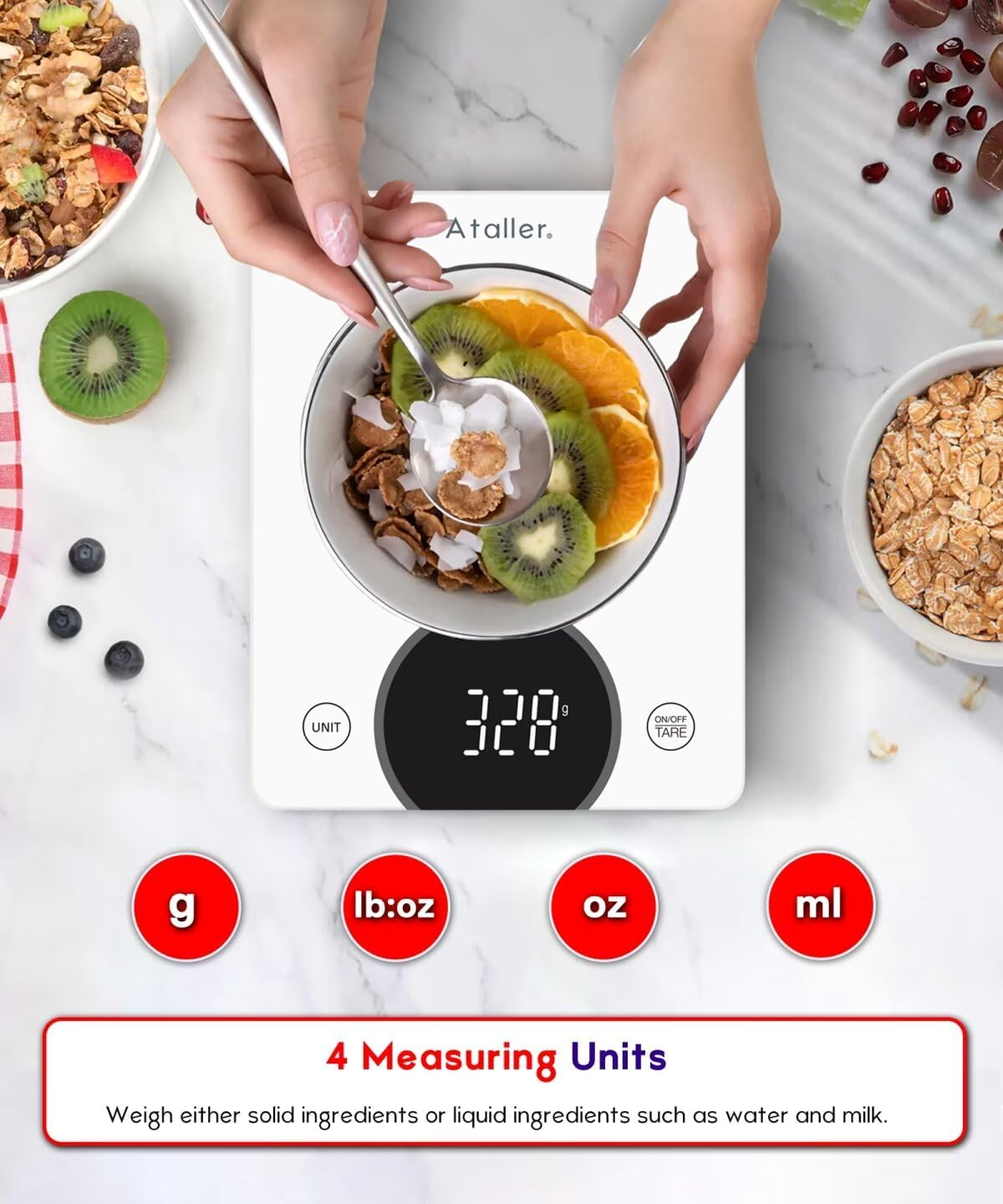 Ataller Digital Food Scale, Tempered Glass Panel, 10Kg/22Lb Capacity, Kitchen Weighing Scales with LED Display and 1G Increments for Baking, Cooking, Keto and Meal Prep, White image number 5