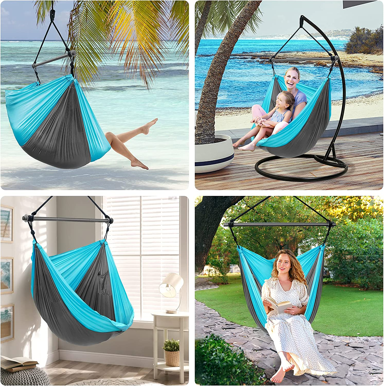 Hammock Chair, Portable Large Hanging Rope Swing - Lightweight Nylon Parachute -Max 500 Lbs - Detachable Metal Support Bar Hammock Chair Swing for Outdoor, Indoor, Backpacking, Camp, Beach image number 5