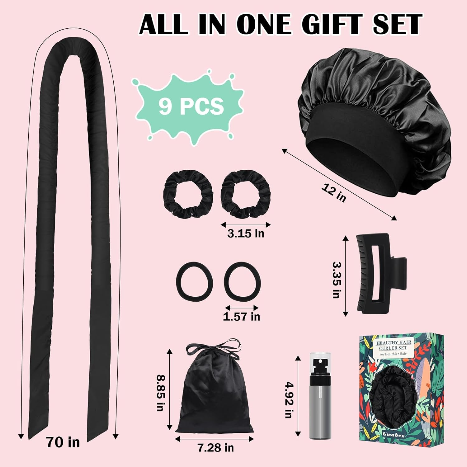 Gwabee Heatless Curls Overnight Hair Curlers to Sleep in Satin Hair Curler Rollers No Heat Hair Wrap for Curls Headband, 70" Satin Heatless Curling Rod Set for Women Long Waves Hair Volume -Black 9PCS - 9 Pcs image number 4