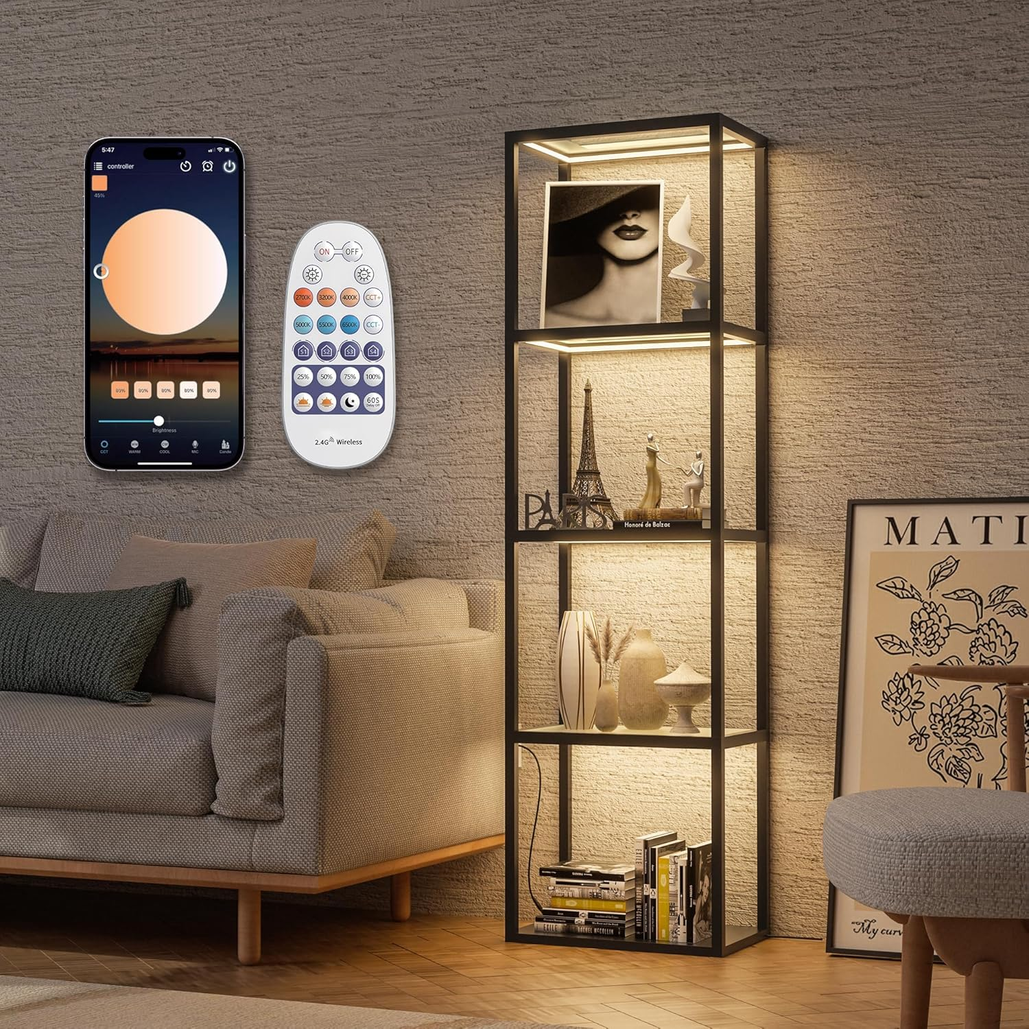 Display Shelf with Light, 5-Tier Tall Display Shelf with Dimmable LED Floor Lamp, 169Cm Floor Lamp with Shelves, Glass Display Shelves for Bedroom Decor image number 3