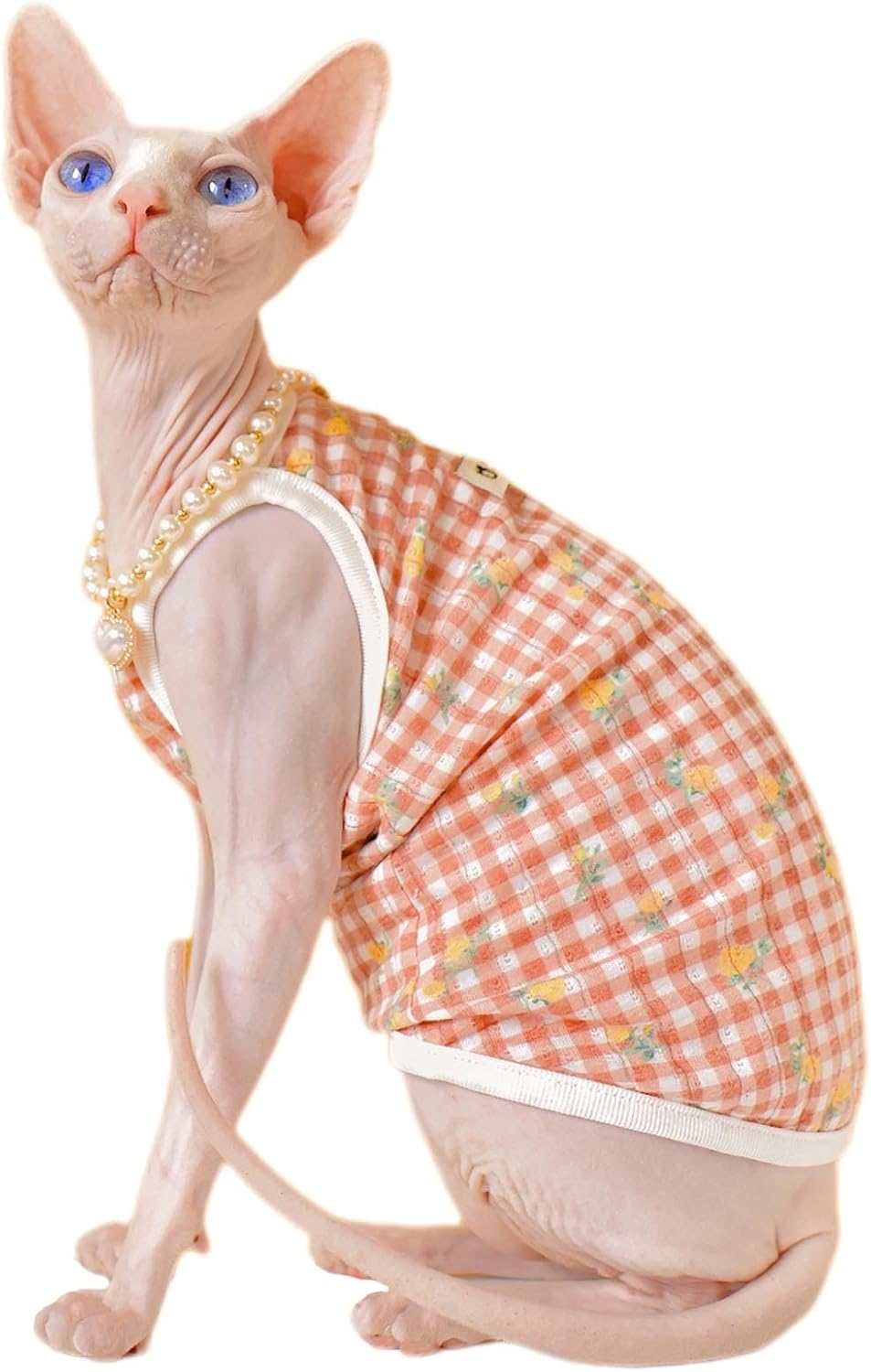 UOSIA Sphynx Hairless Cats Shirt Cornish Rex Plaid Kitten T-Shirts Hairless Cat Summer Vest Breathable Cat Daily Wear Clothes Small Dogs Apparel Pet Pajamas