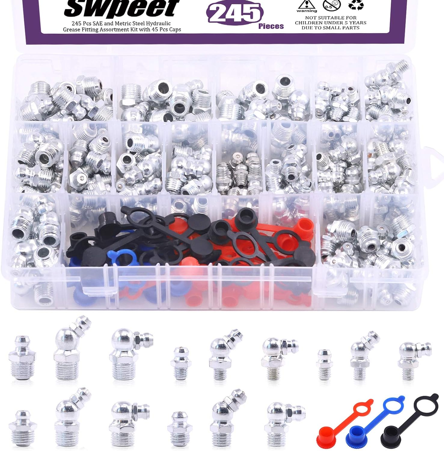Swpeet 245Pcs SAE & Metric Grease Nipple Assortment Kit, Hydraulic Grease Fittings Standard with Plastic Grease Fitting Cap &ndash; 1/4", 1/8" M6 M8 M10 Straight, 90 Degree, 45 Degree Angled Grease Zerks image number 5