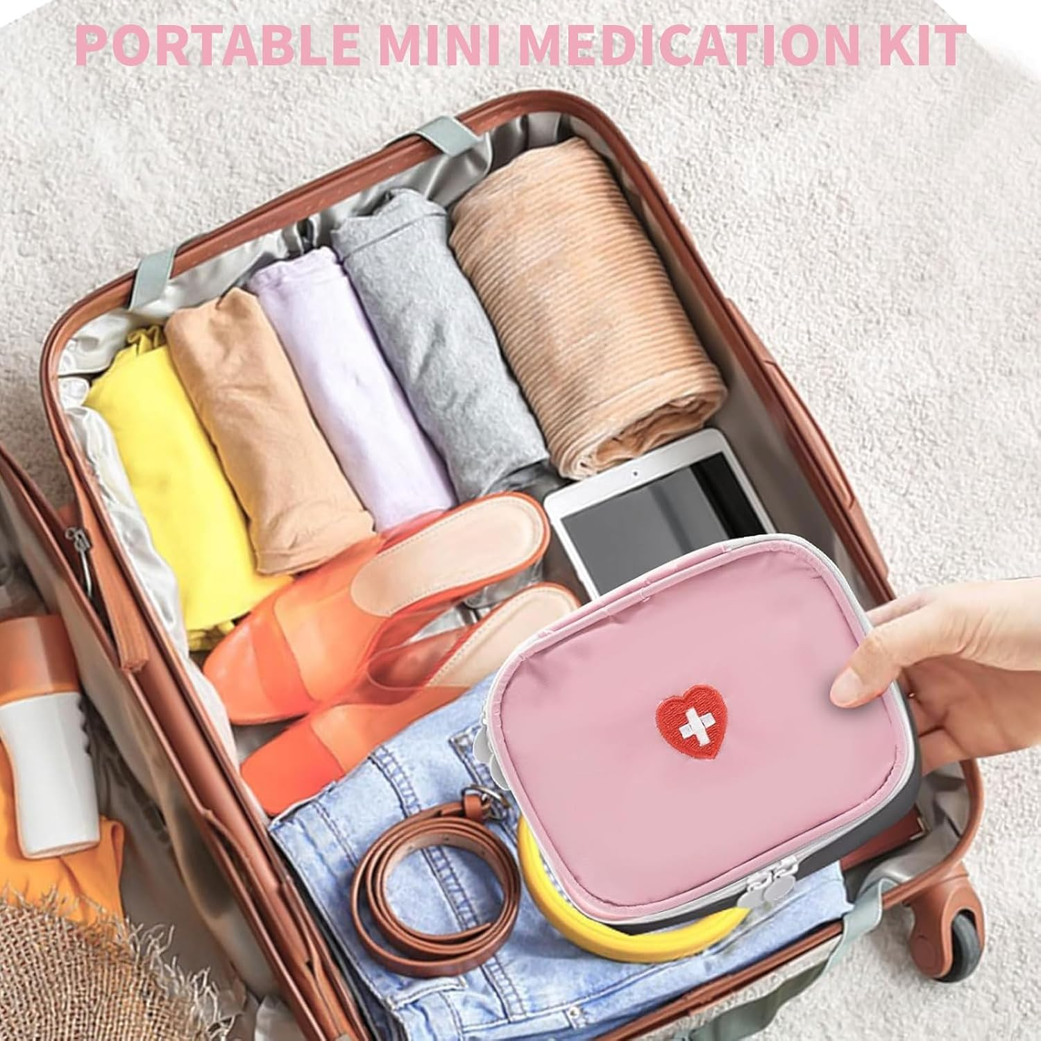 Portable Mini First Aid Kit &ndash; Waterproof Pink Medicine Travel Bag with Compartments &ndash; Medical Organizer Pouch for Kids, Adults, Home, Office, Camping image number 5