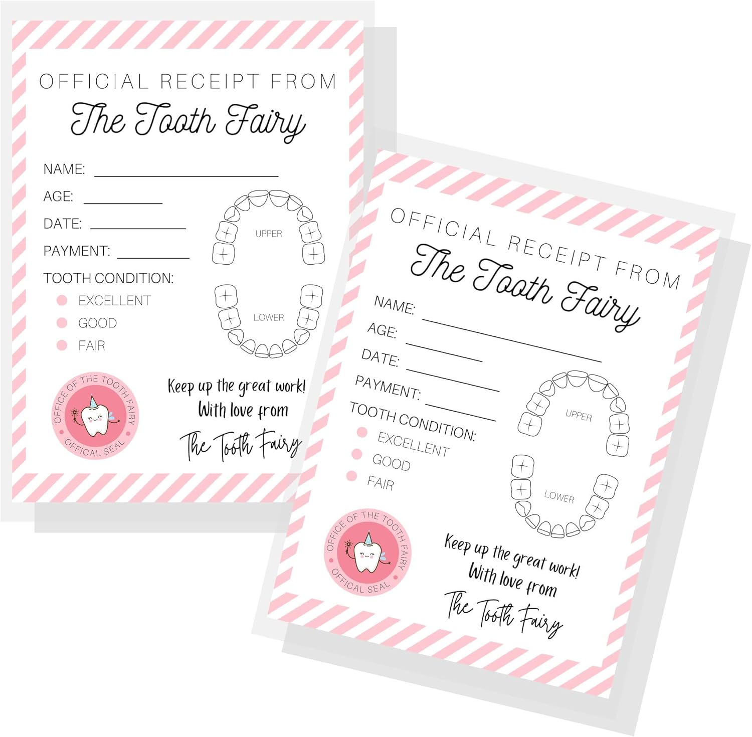 Tooth Fairy Receipt Cards with Pink Stripes | 40 Pack | 4.25X5.5" Inch Large Postcard Size Tooth Fairy Receipt for Lost Tooth Certificate for Kids to Add to Gold Coins under Pillow | White Card with Tooth Fairy Design Chart and Pink Stripes image number 3