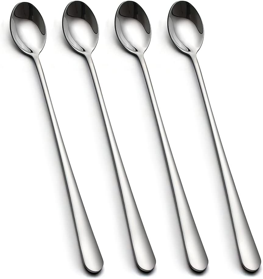 IQCWOOD Long Handle Iced Tea Spoons, 9-Inch Coffee and Ice Cream Stirrers, Stainless Steel Cocktail Stirring Spoons, Set of 4
