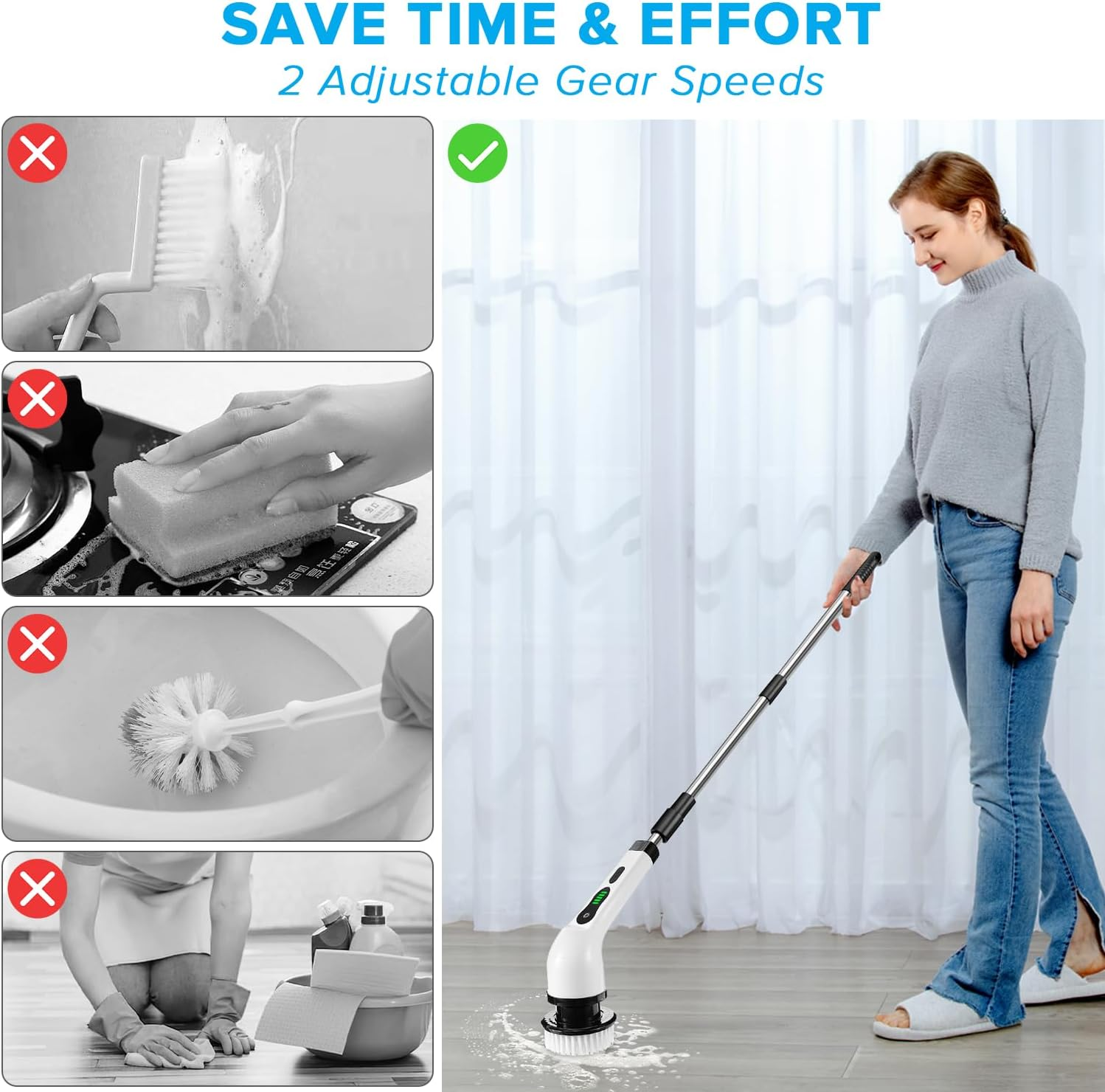 Necomi Electric Rotary Scrubber,Adjustable Handle Long Handle Electric Cleaning Brush with 9 Replaceable Brush Heads,2 Adjustable Speeds,Rechargeable,Suitable for Bathroom, Kitchen, Tile,Car Cleaning image number 4