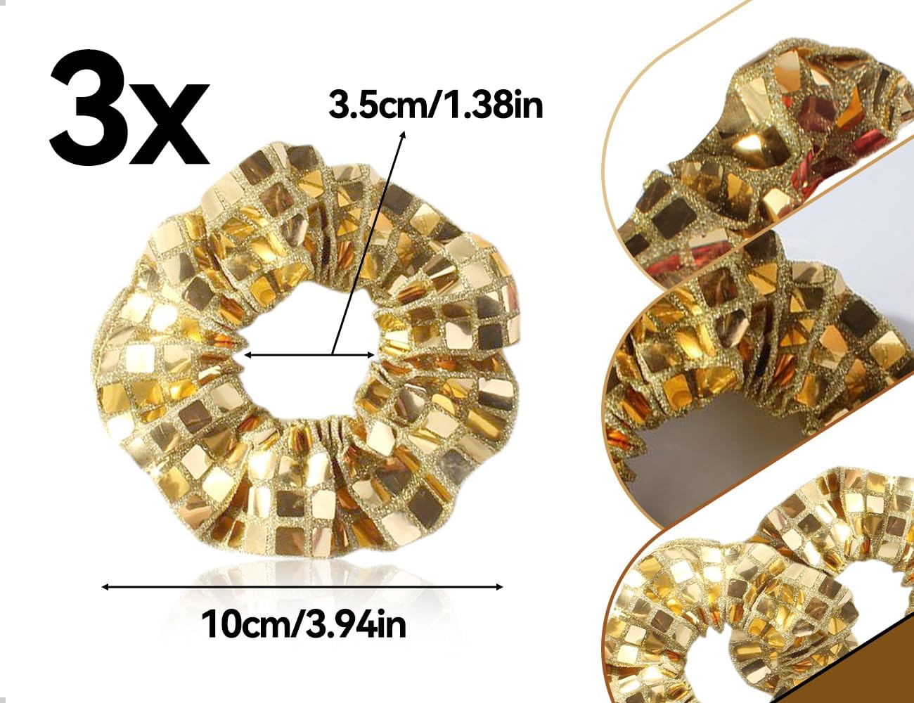 Emezddo Pack of 3 Hair Bobbles, Sequin Ponytail Scrunchies, Glitter Elastic Hair Accessories, Used for Women Girls Sports Disco Carnival Theme Party Birthday (Gold) image number 5