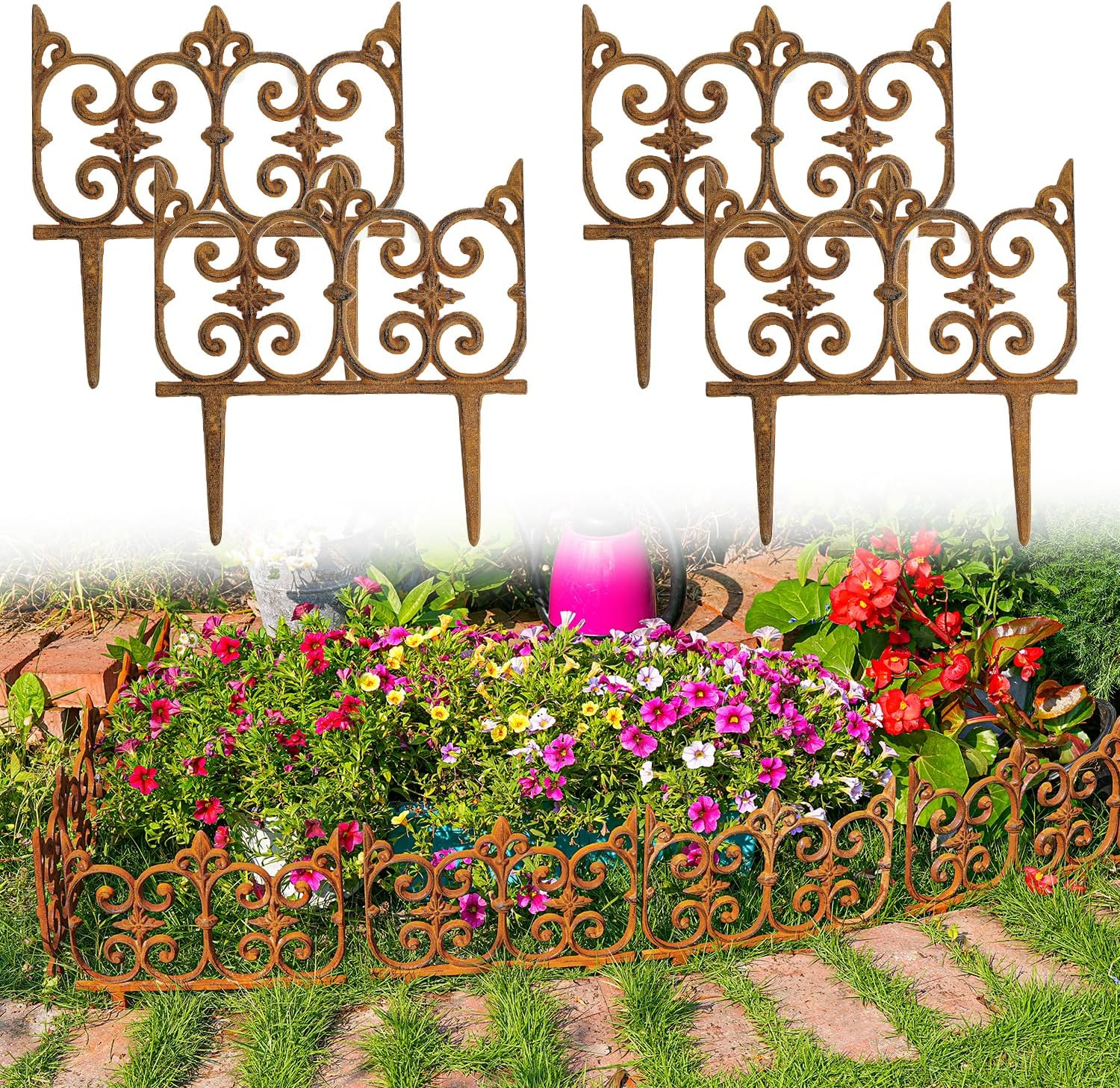 Sungmor Decorative Cast Iron Garden Edging, 4 Pack Rustic White Victorian Garden Edging Landscape Border, Vintage Metal Yard Stake Low Picket Fence, 11.8" Tall Outdoor Flower Bed Lawn Fence Panels