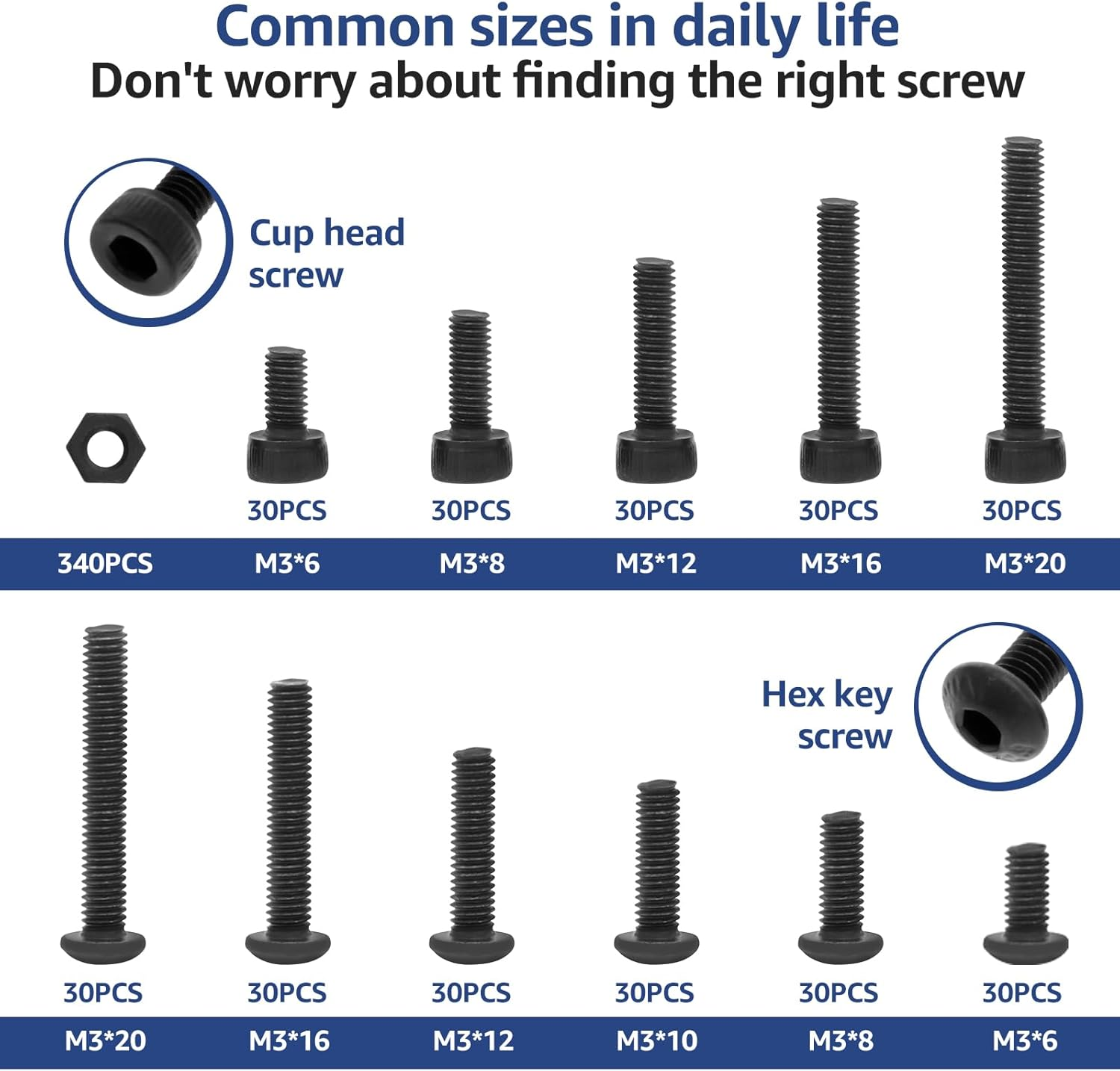670Pcs M3 Screw Assortment Kit Black M3 Countersunk Flat Head Hex Socket Cap Screws Button Head Socket Cap Screw Bolts Nuts Assortment Kit with 2 Wrenches 1 Storage Box (1Pc) - 2Pcs image number 6