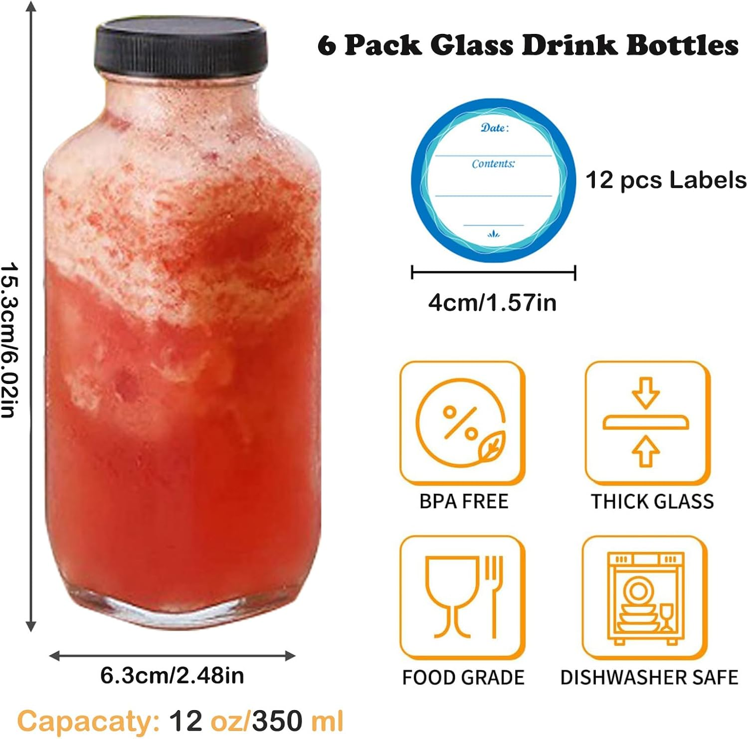 Glass Juice Bottles 12Oz, 6 Pack Reusable Glass Water Bottles with Labels and Lids, BPA Free Homemade Beverages Bottle image number 5