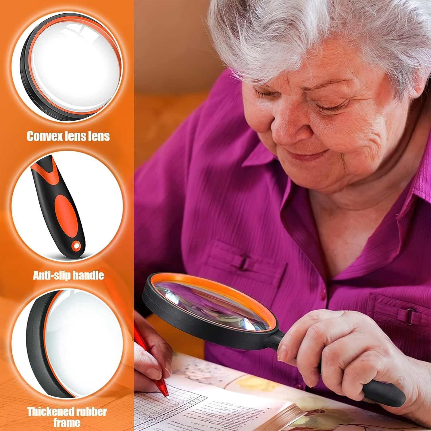 Handheld Magnifying Glass, 2 Pcs Large Reading Magnifier, 10X Non-Slip Handheld Reading Magnifier for Book Newspaper Reading, Classroom Science, Nature Exploration (Orange, Green)