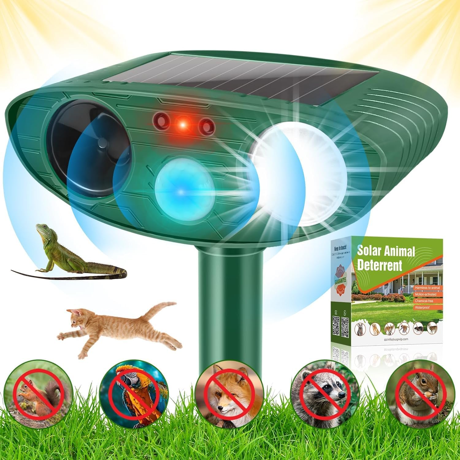 Cat Repellent Garden Ultrasonic Fox Repellant Cat Deterrent Pet Animal Deterants Solar Powered Waterproof Flashing Light Outdoor Farm Yard, Effective for Cats, Dogs, Foxes, Birds image number 1