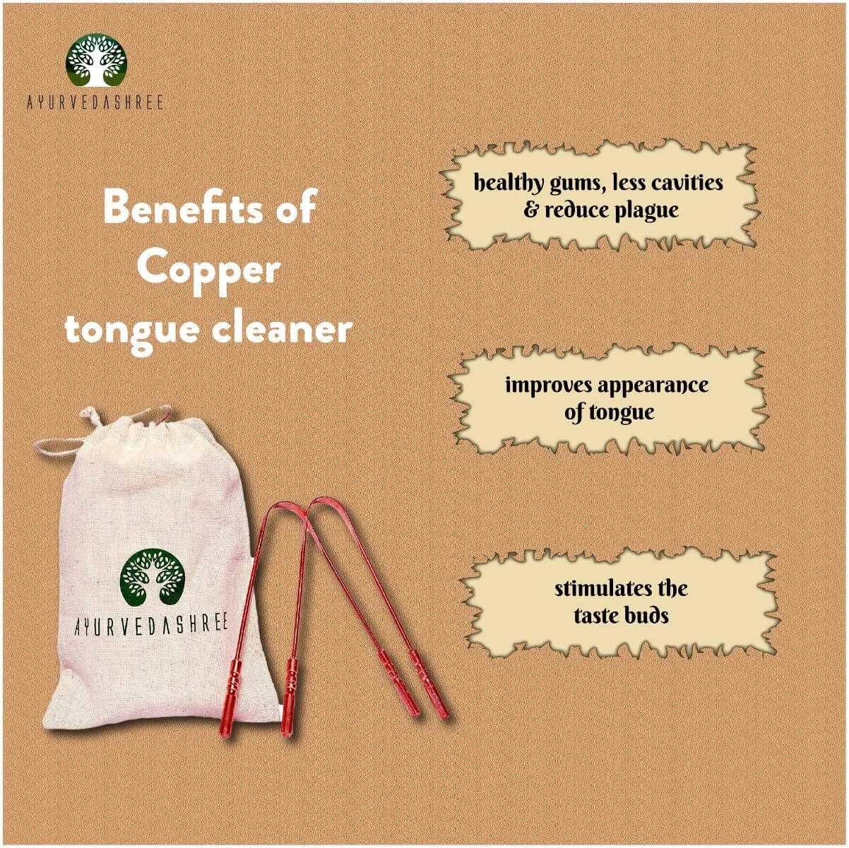AYURVEDASHREE Copper Tongue Cleaners with Comfort Grip Premium Grade Pure Copper 2 Tongue Scraper with 1 Travel & Storage Bag image number 2