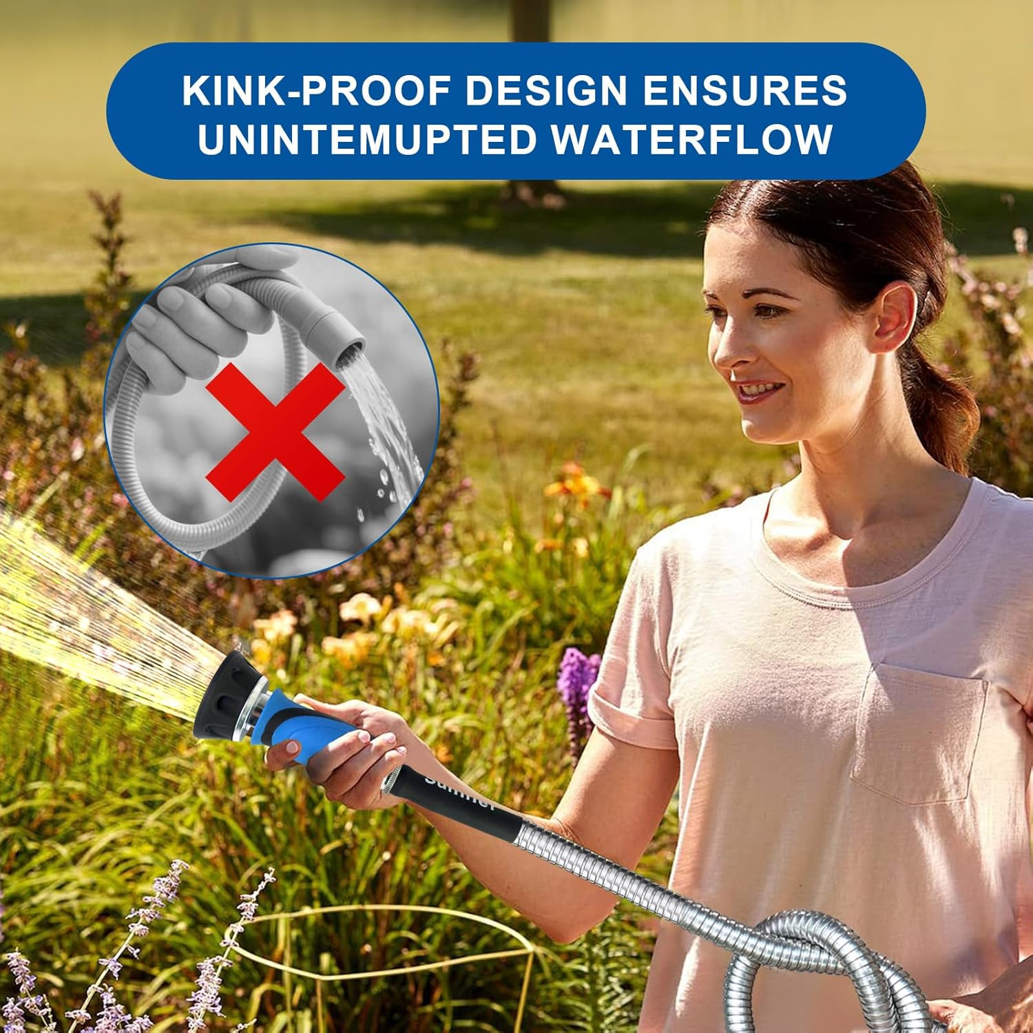 Metal Garden Hose 50 Ft with Hose Nozzle, Flexible Stainless Steel Garden Hose 50 Ft, Heavy Duty Water Hose for Garden (50FT)