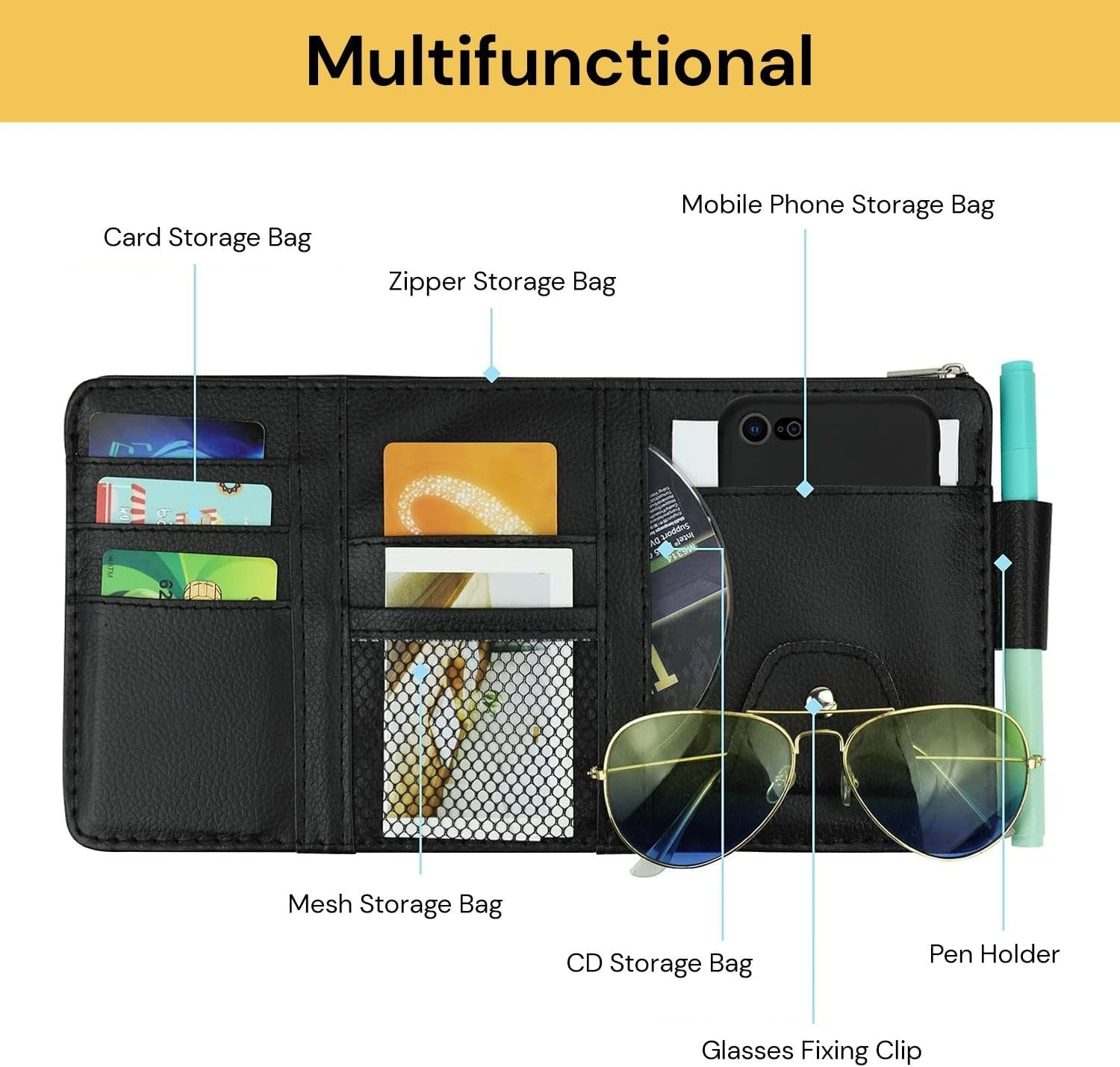 EZONEDEAL Car Sun Visor Organizer, Auto Interior Accessories Pocket Organizer - Car SUV Truck Organizer and Storage Pouch Holder, with Multi-Pocket Net Zipper - Car Visor Organizer (1Pcs) image number 6