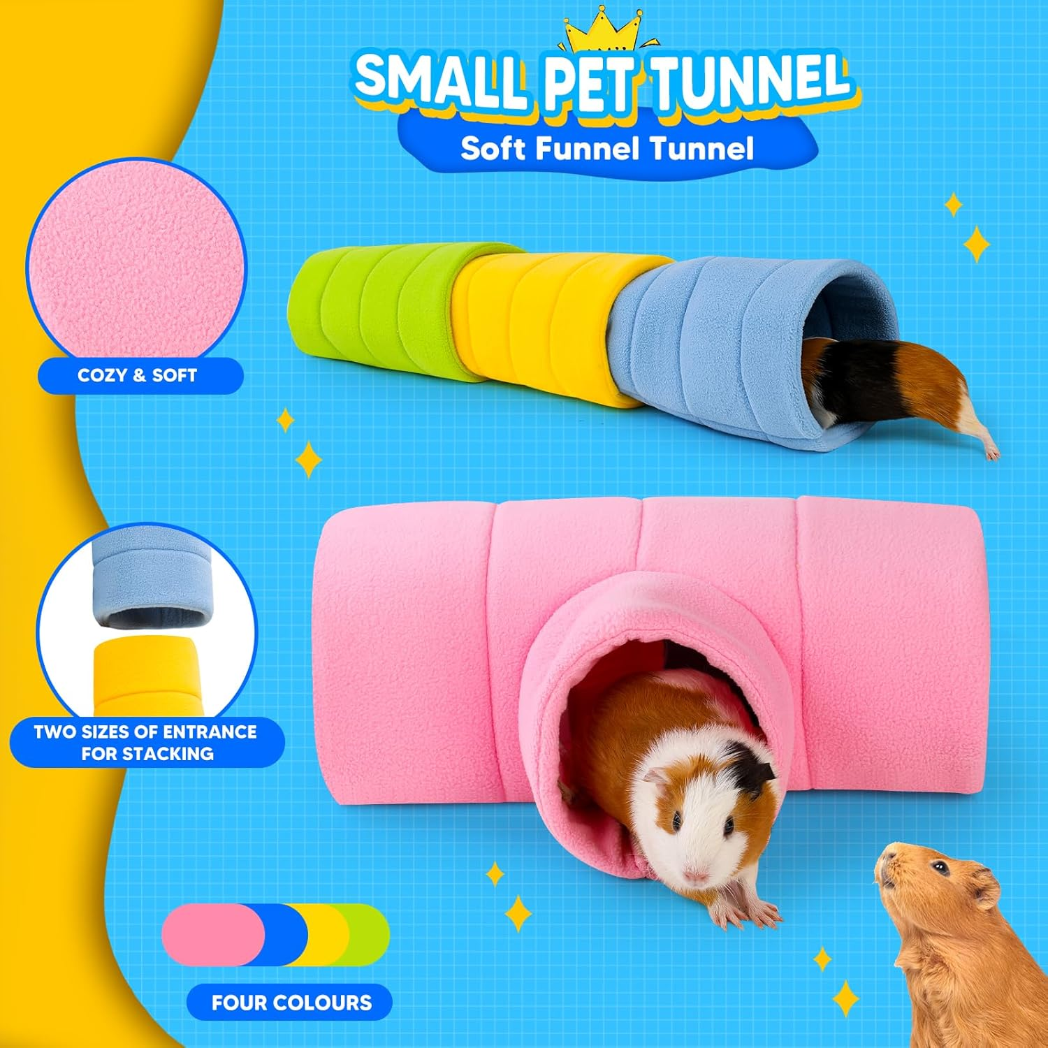 ONEJU Guinea Pig Tunnel, Four Stackable Tunnel for Guinea Pig, One Pink Guinea Pig 3-Way Tunnel and Three Different Color Guinea Pig 2-Way Play Tube, Pink, Blue, Green and Yellow image number 4