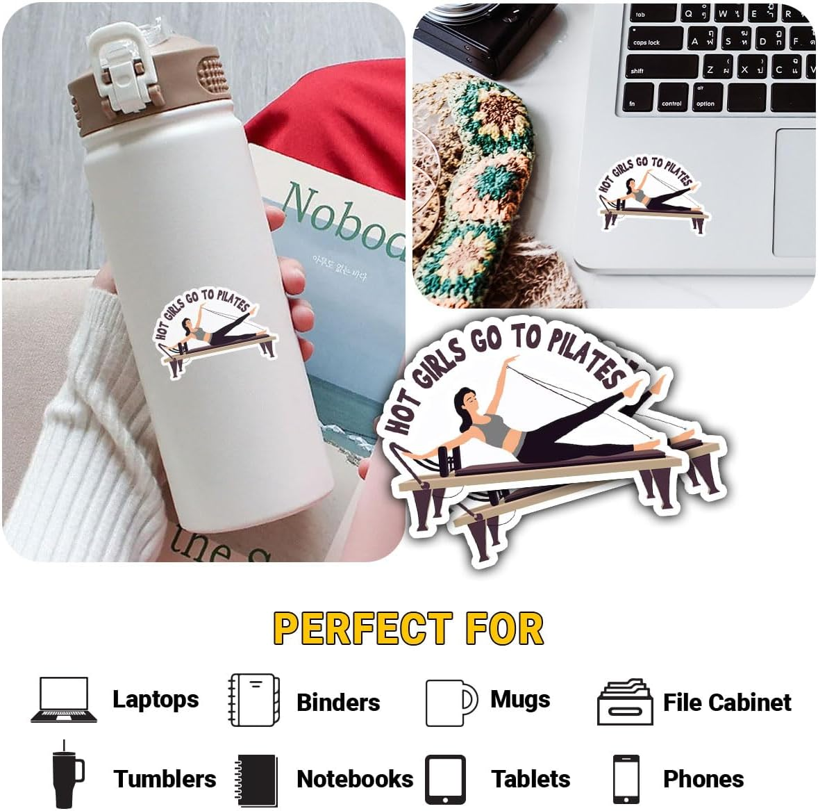 3 Pcs Hot Girls Go to Pilates Sticker, Fitness Lovers Decal Waterproof Vinyl Decal, Gym Fitness Sports Sticker for Water Bottle Tumbler Phone Case Laptop 3 Inches image number 4