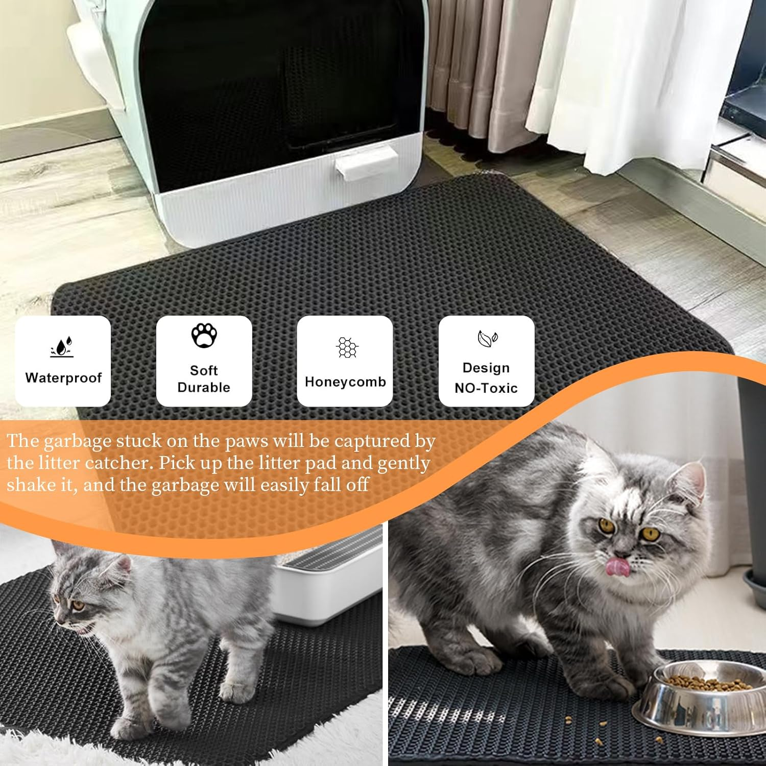 45X60CM Cat Litter Mat No-Slip Double Layer Design Kitty Litter Trapping Mat Honeycomb Kitten Litter Tray Water-Proof Large Kitty Litter Mat Easy Clean Litter Mat Less Waste Feces Litter Box Mat image number 2