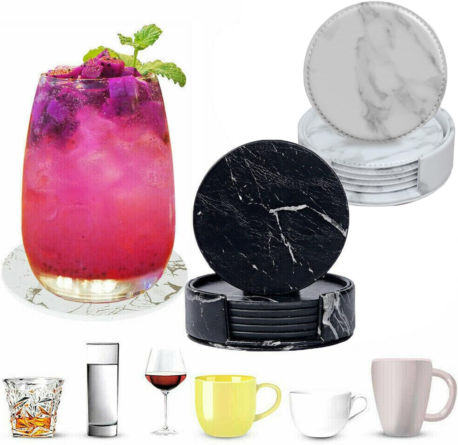 Coasters for Drinks 6 Piece with Holder Marble Texture round Cup Mat Pad Set of Home and Kitchen Use (Marble Black)