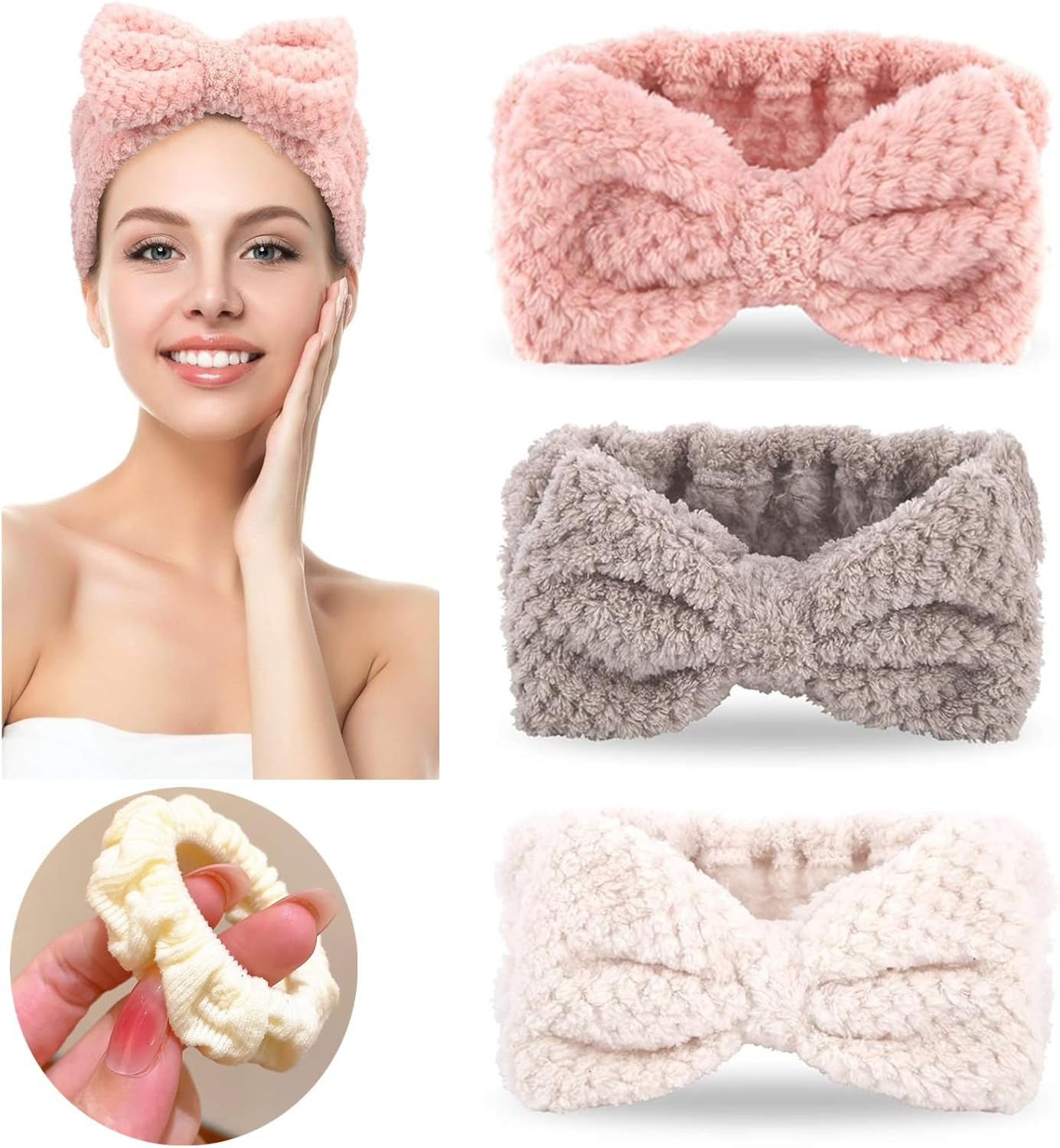 5Pcs Microfiber Bow Tie Headbands for Women, Headband Band for Spa Makeup Sports Yoga, Girls Facial Clean, Headband for Washing Face and Shower.