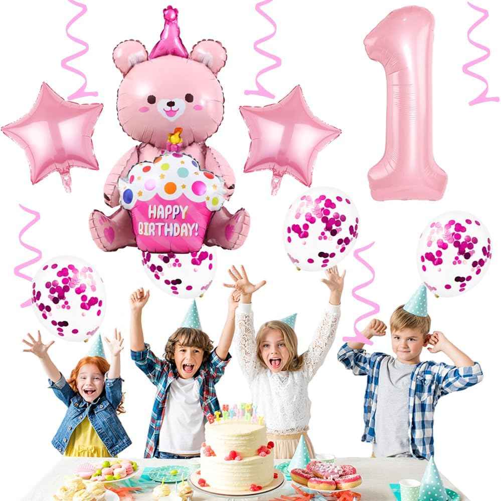 Weenkeey 1St Bear Birthday Balloons Giant 4D Bear Aluminum Foil Balloon Number 1 Mylar Balloon Bear Hug Cake Balloon for Bear Theme Party Supplies Girls Birthday Baby Shower D&eacute;cor image number 4