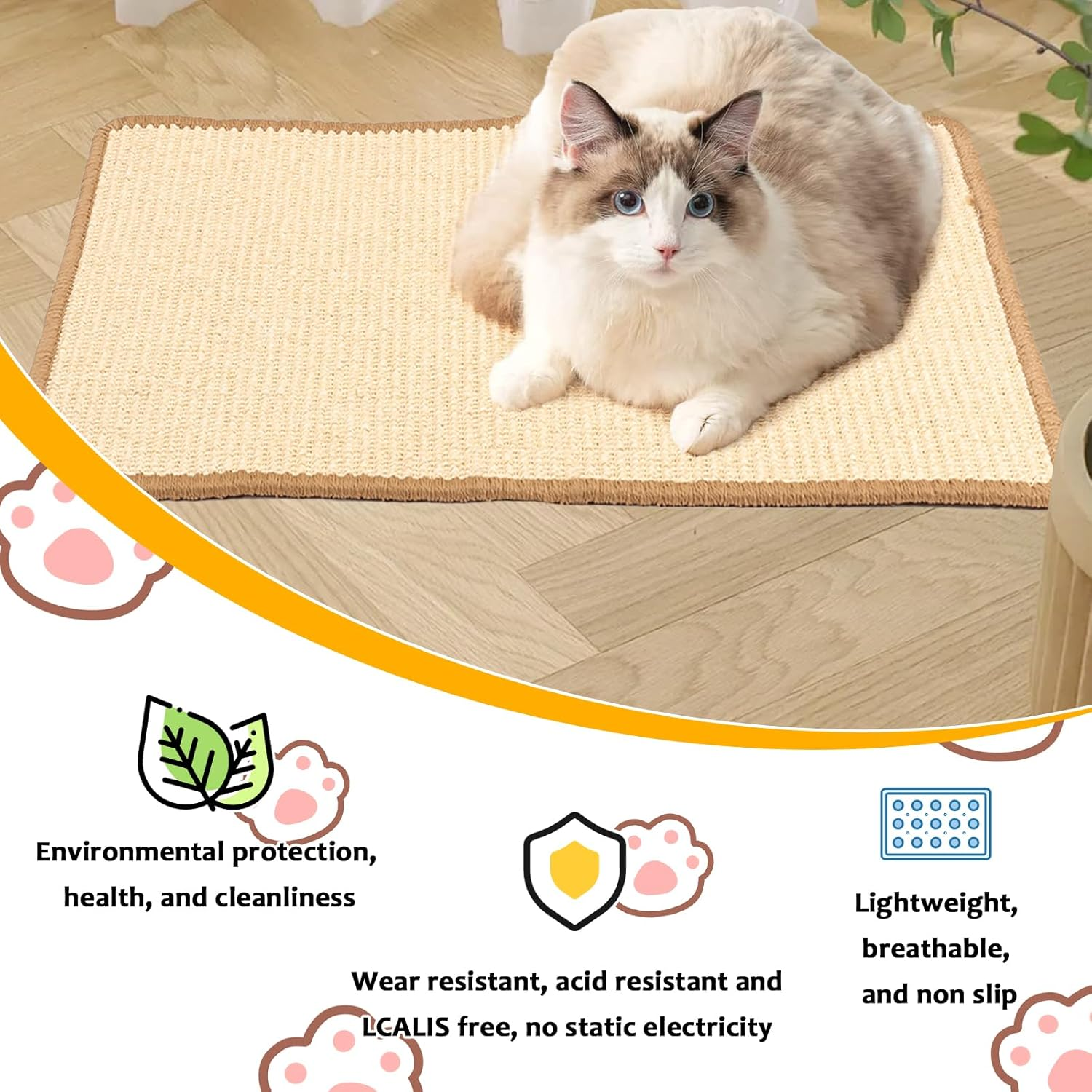 Ruaizel Cat Scratching Mat, 2 Pcs Natural Sisal Cat Scratch Mat, Horizontal Cat Floor Scratching Board, Protect Furniture and Sofas (60 * 40Cm+30 * 40Cm) image number 5