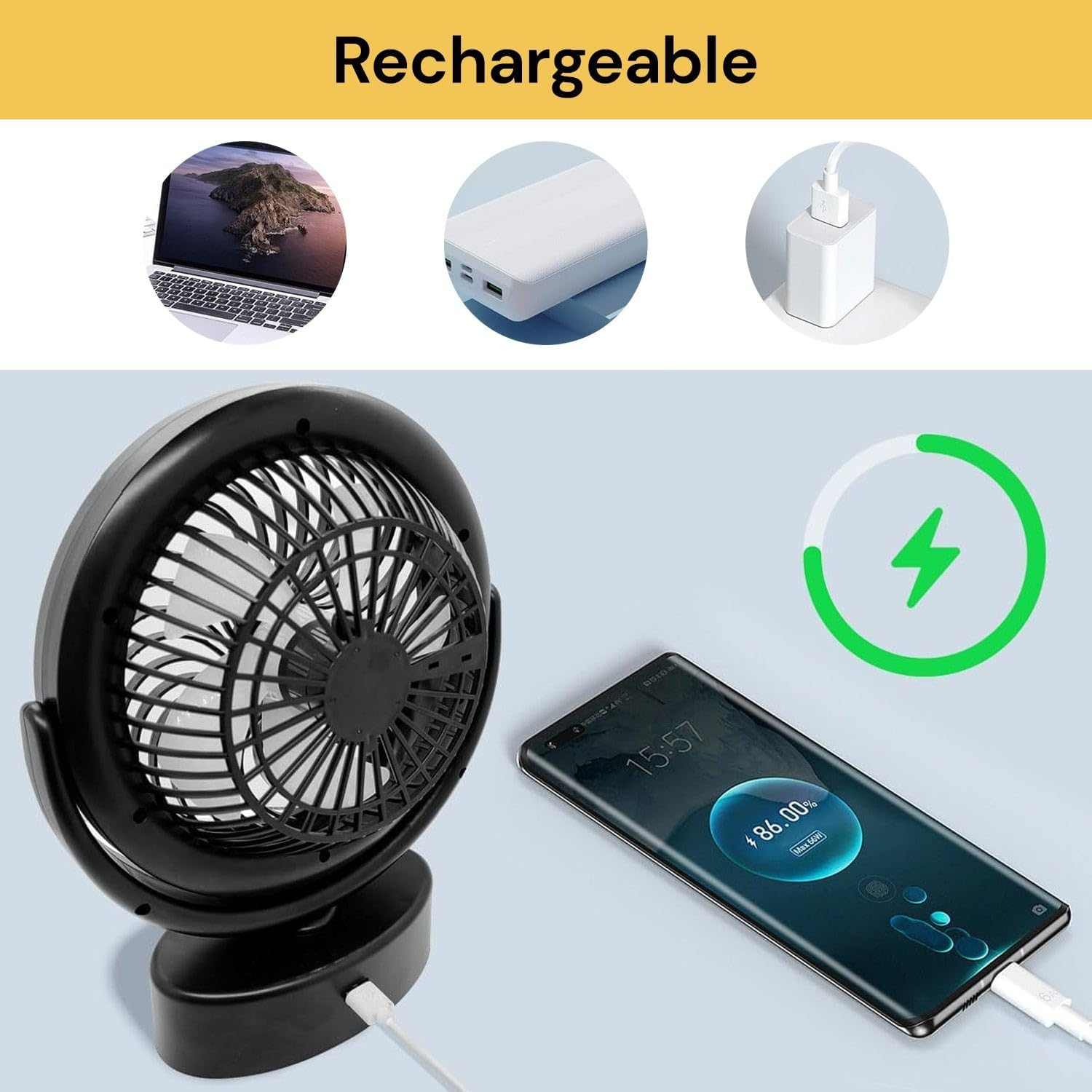 EZONEDEAL 5000Mah Rechargeable Fan with Light 40H Working Time 360&deg;Rotatation 4 Speeds Adjustment 2-6H Three Levels Time Setting Portable Camping Fan with Hanging Hook Desk Fan (Black) image number 4