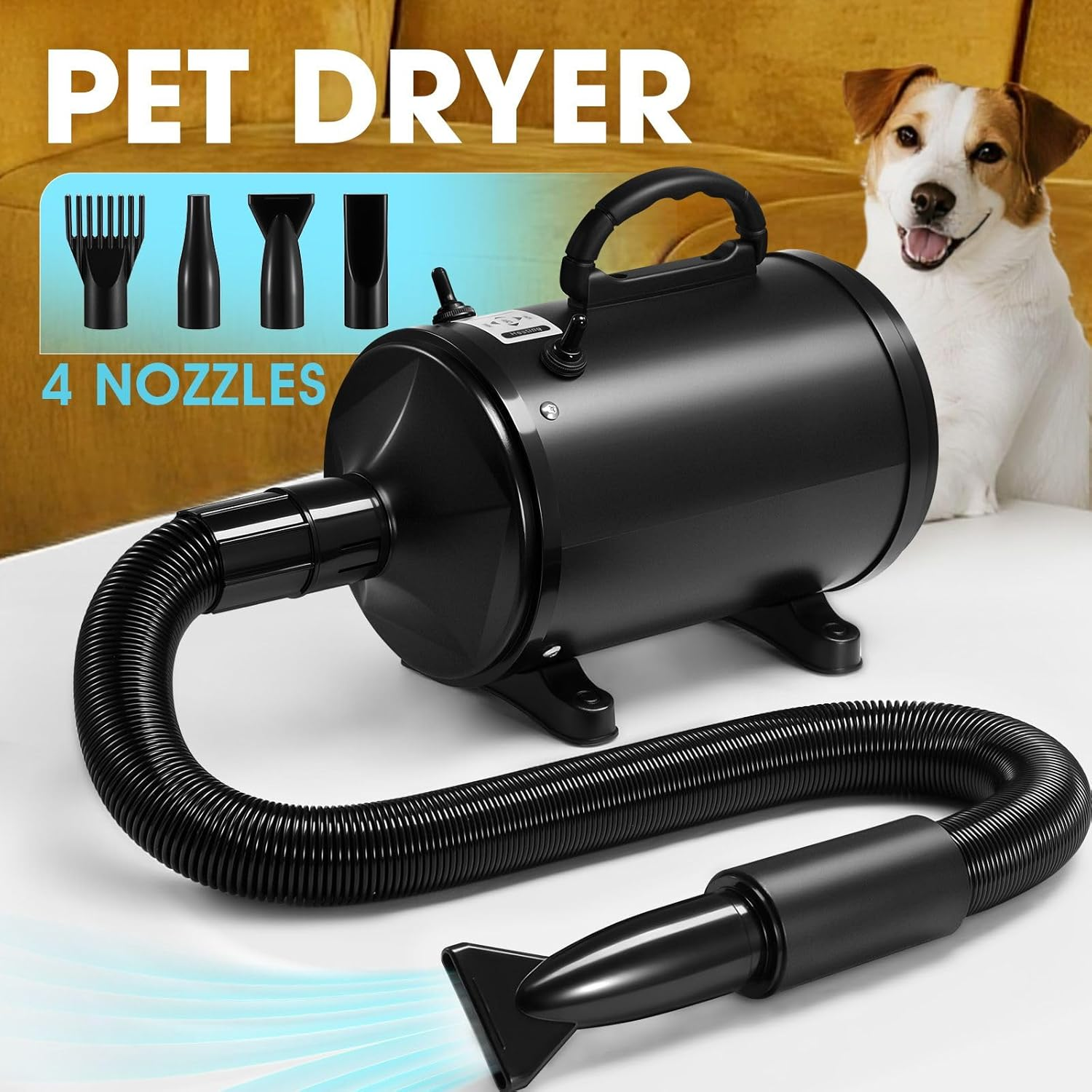 Pet Scene Dog Cat Hair Dryer Pet Grooming Kit with 4 Nozzles Blow Hairdryer Blower Heater Air Blaster Low Noise Adjustable Speed Temperature Negative Ion Wind image number 1