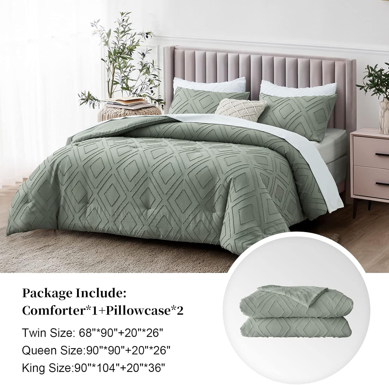 Boho Queen Comforter Set,Sage Green Rhombus Tufted Queen Size Comforter Set with Corner Loops,3 Pieces Embroidery Shabby Chic Bedding Comforter Sets for All Seasons(Sage Green,Queen) image number 3