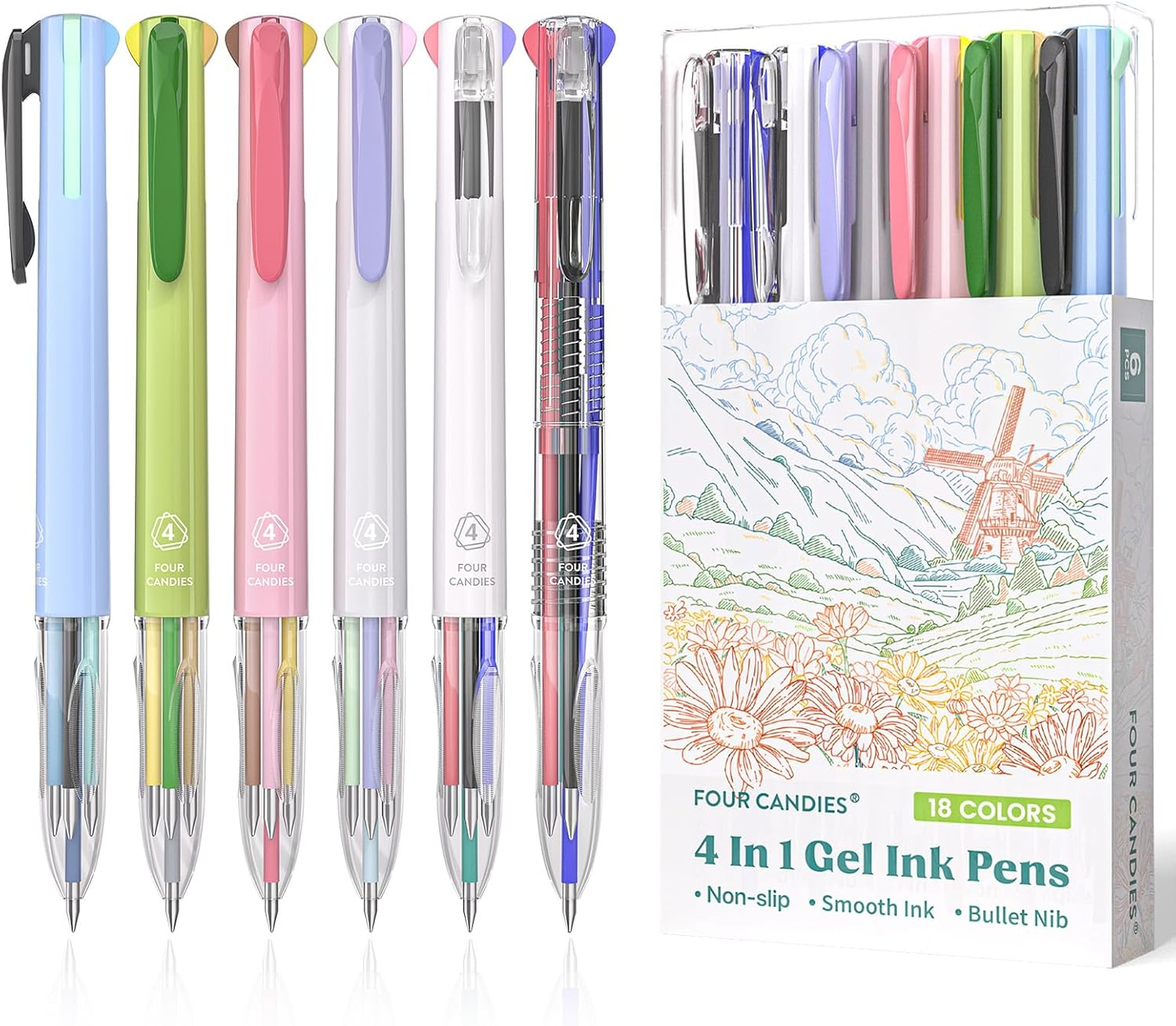 Four Candies 6 PCS Multicolor Pen, 0.5Mm Colored Pens, 4-In-1 Multicolor Ink Pens, 18 Colors Retractable Ink Pens for Office, School Supplies image number 4