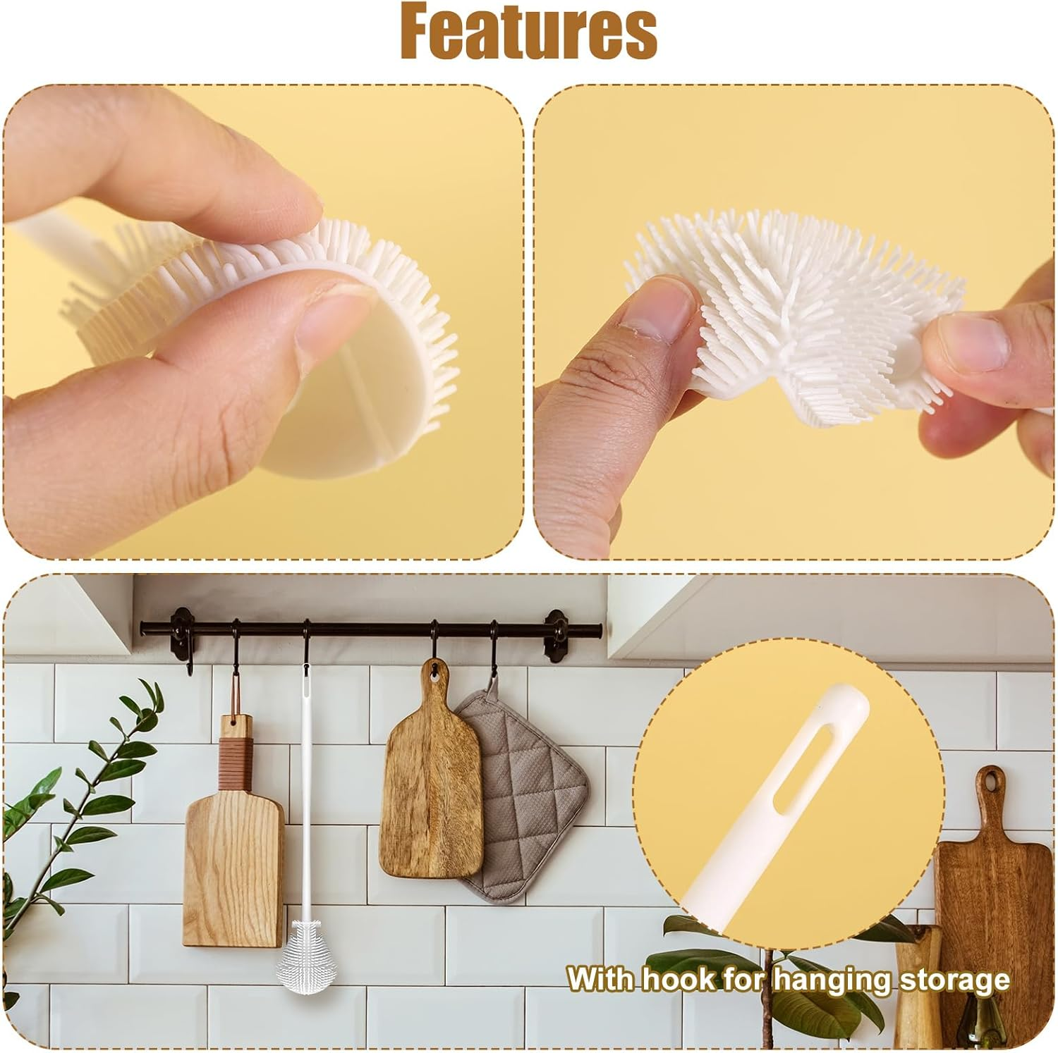 360&deg; Silicone Bottle Brush, Soft Bristle Cup Cleaner Brush Long Handle Flexible Water Bottle Cleaning Brush for Lid Teapots Bowls Containers Narrow Area (White)