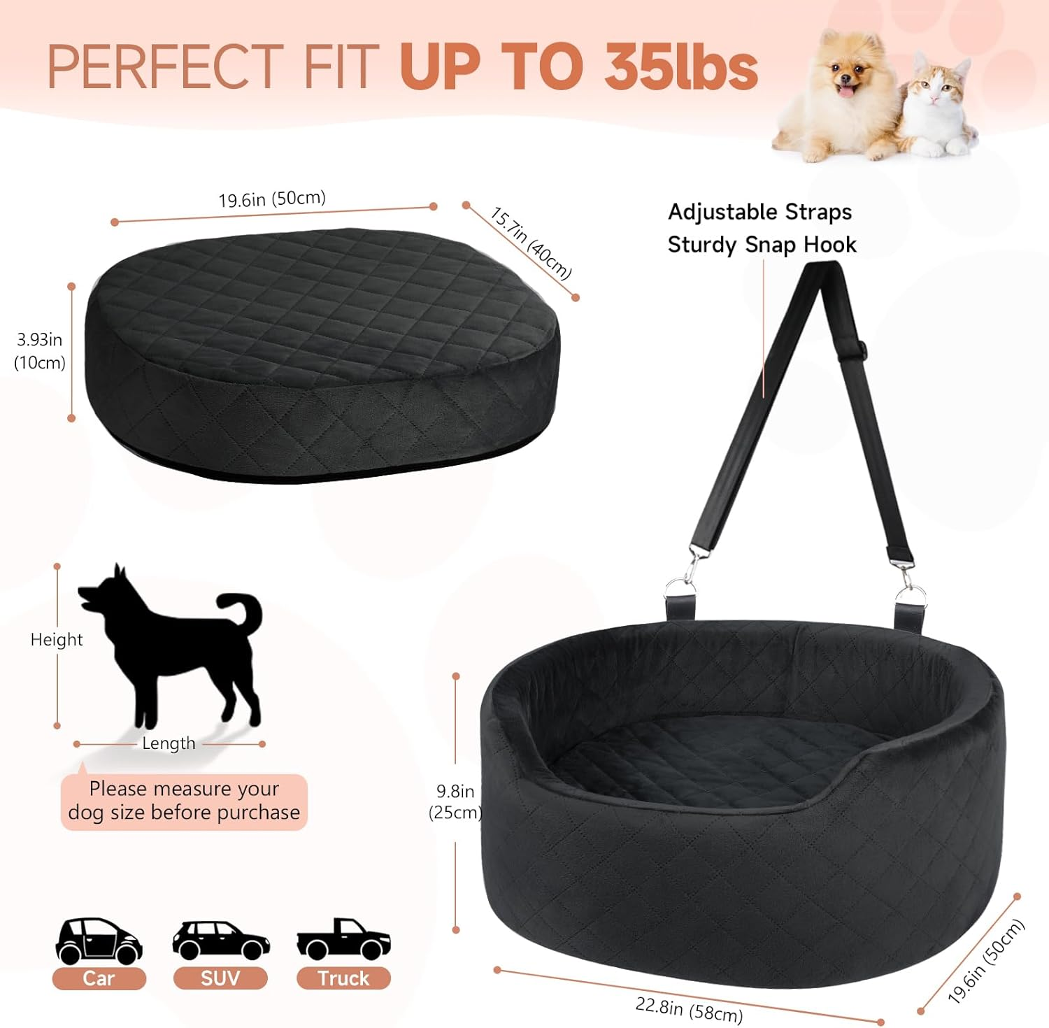 Dog Car Seat for Small & Medium Dogs, Elevated Dog Booster Seat, Detachable and Washable Pet Car Seat for Dogs up to 35Lbs, Dogs Travel Bed with Thick Memory Foam for Front and Back Seats - Black image number 3
